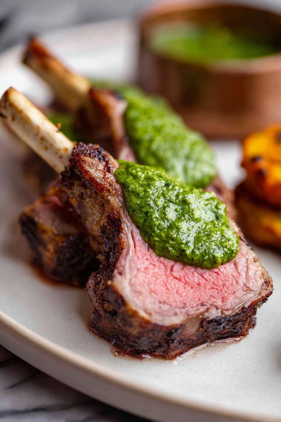 Three slices of cooked lamb with a brown outer edge and pink inside are arranged on a dark gray plate. Each slice has a bone protruding from the right side. Bright green sauce is generously spread over each slice, with an extra small dollop of sauce on the plate near the front slice. Two orange round balls with a textured surface are blurred in the background near the top of the image. The plate sits on a white marbled surface. Photo taken with an iphone --ar 2:3 --v 7