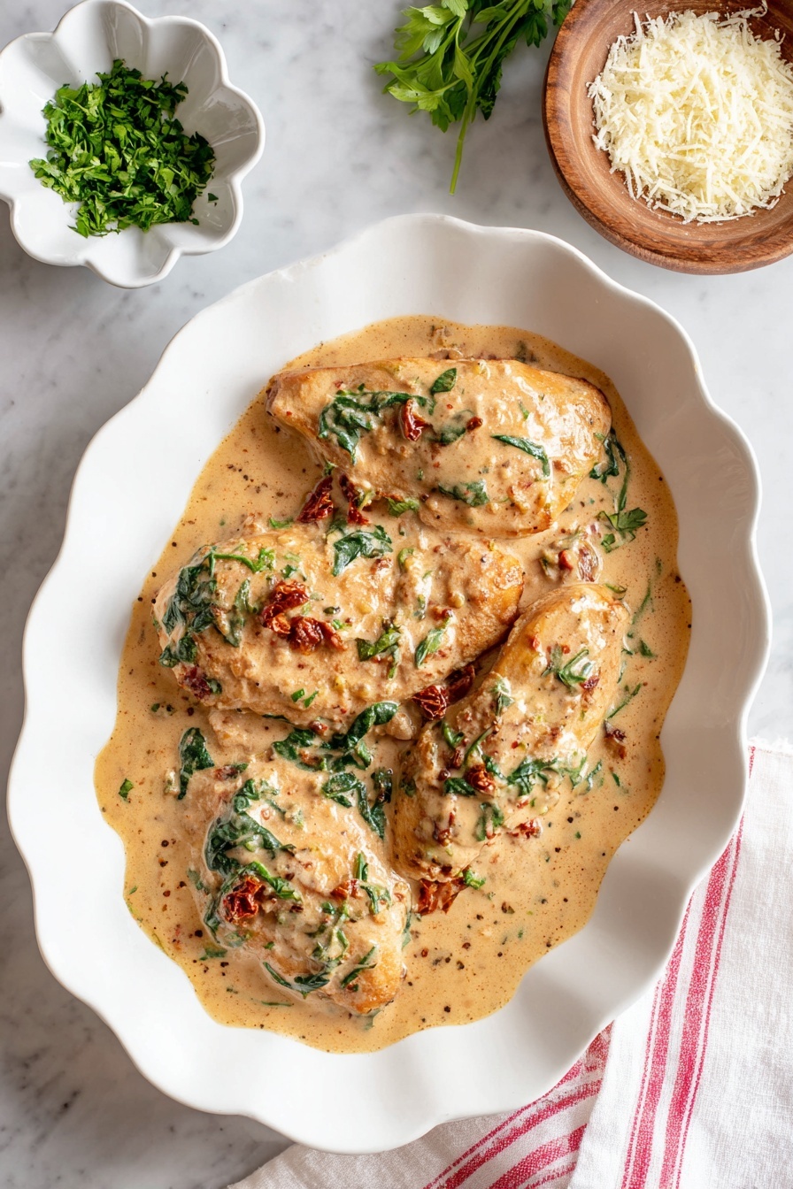 The dish shows three chicken pieces covered in a creamy sauce with visible small green spinach leaves and red sun-dried tomato bits mixed in. The sauce is light beige with specks of black seasoning. The chicken lies on a white ridged plate, and the plate sits on a white marbled surface. Nearby, there is a small white bowl with green herbs and a wooden bowl filled with grated cheese, along with a white and purple striped cloth. Photo taken with an iphone --ar 2:3 --v 7