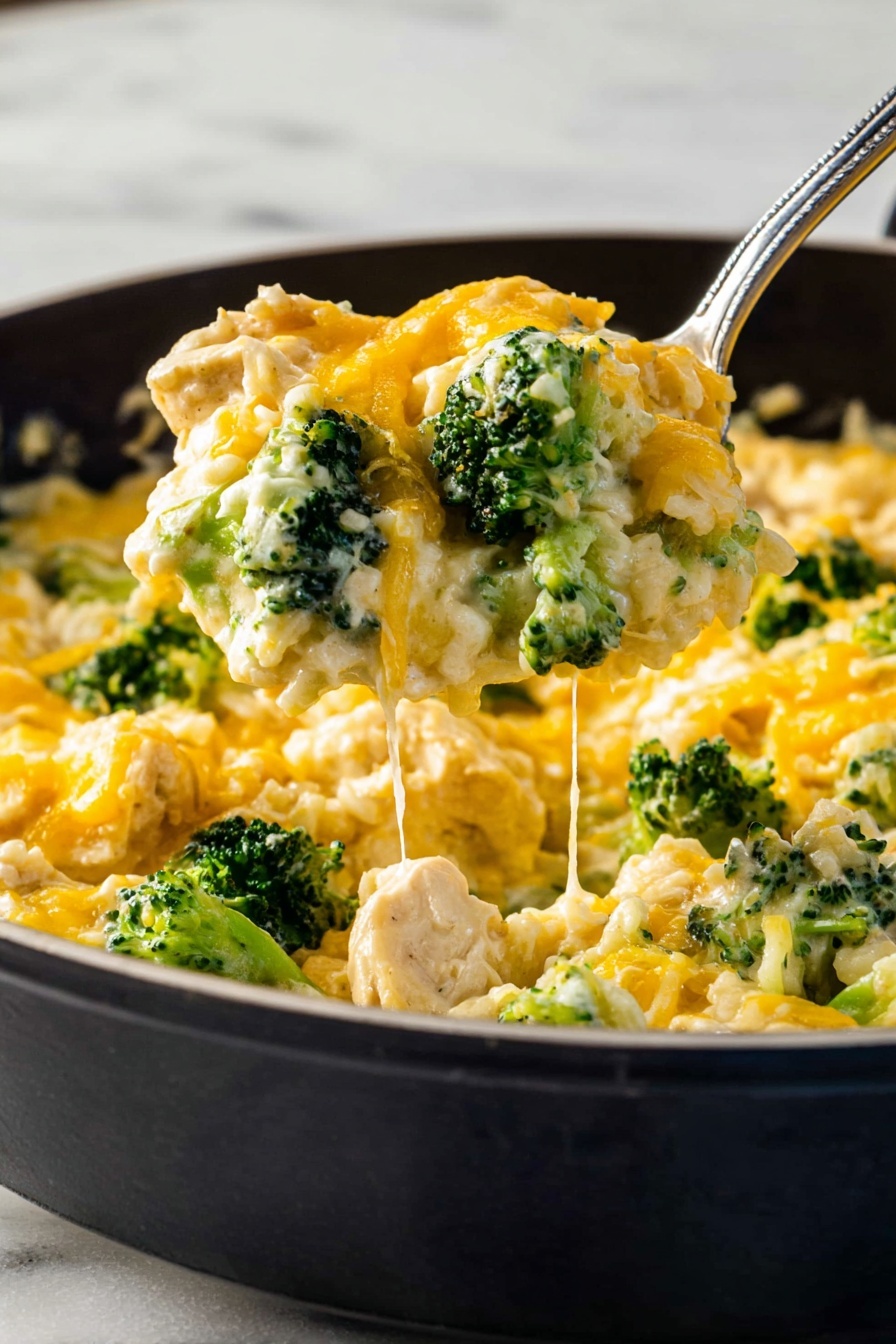 The image shows a creamy casserole in a silver pan placed on a white marbled surface. The dish has three main visible layers: the bottom layer consists of small pieces of white chicken mixed with white rice, the middle layer is made of chopped bright green broccoli florets scattered evenly, and the top layer is melted golden yellow and white cheese blending smoothly over the broccoli and chicken. Small flecks of fresh green herbs are sprinkled on top adding a touch of color. A metal spoon lifts a portion of the casserole, showing all layers clearly, with the broccoli and chicken pieces covered in cheesy sauce. photo taken with an iphone --ar 2:3 --v 7