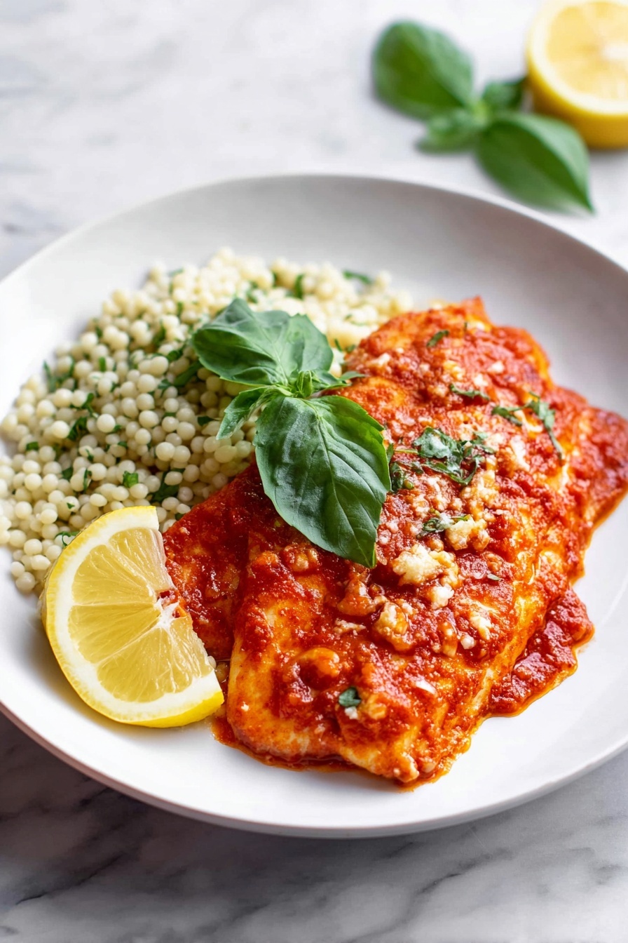 A white plate holds a rectangular piece of food covered in bright red sauce with small black specks and a shiny texture, topped with two fresh green basil leaves in the center. To the left of the main piece is a portion of small, round, light beige couscous grains with some green herbs mixed in. A thin lemon wedge with a pale yellow color rests on the couscous near the bottom left edge of the plate. Outside the plate, on the white marbled surface, there is a lemon wedge and a basil leaf in the top right corner. The photo taken with an iphone --ar 2:3 --v 7