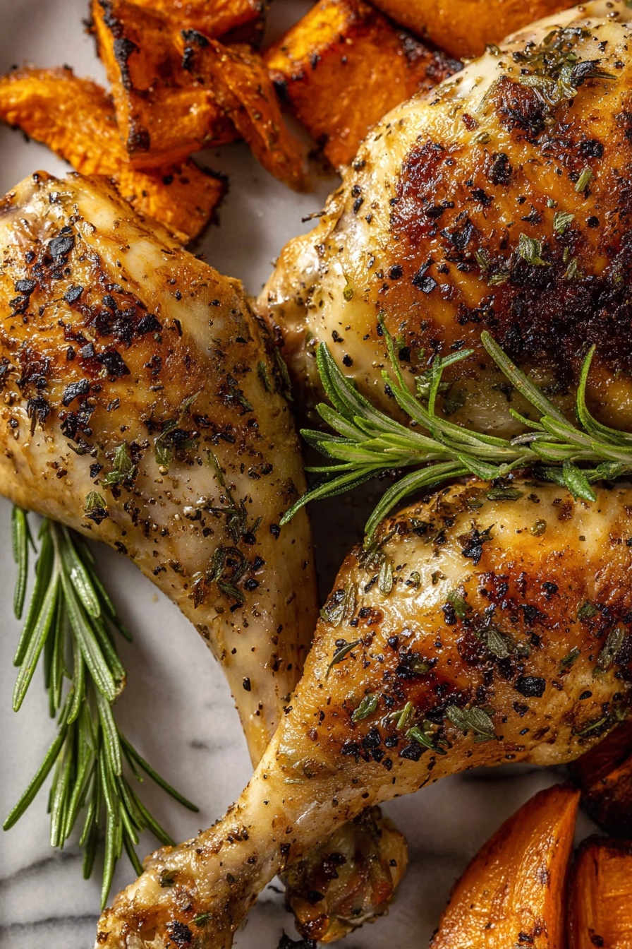 A round white plate holds a serving of creamy mashed potatoes as the bottom layer, light beige in color with a slightly rough texture. On top, a roasted chicken leg sits in the center, showing a crispy golden-brown skin with visible seasoning and herbs, partially sliced to reveal the white inside. Around the chicken and mashed potatoes, orange and pale yellow roasted carrot sticks are arranged in a loose circle. A small sprig of fresh green rosemary rests next to the chicken. A fork and knife with wooden handles lay crossed on the left side of the plate. The setting is on a white marbled surface. Photo taken with an iphone --ar 2:3 --v 7