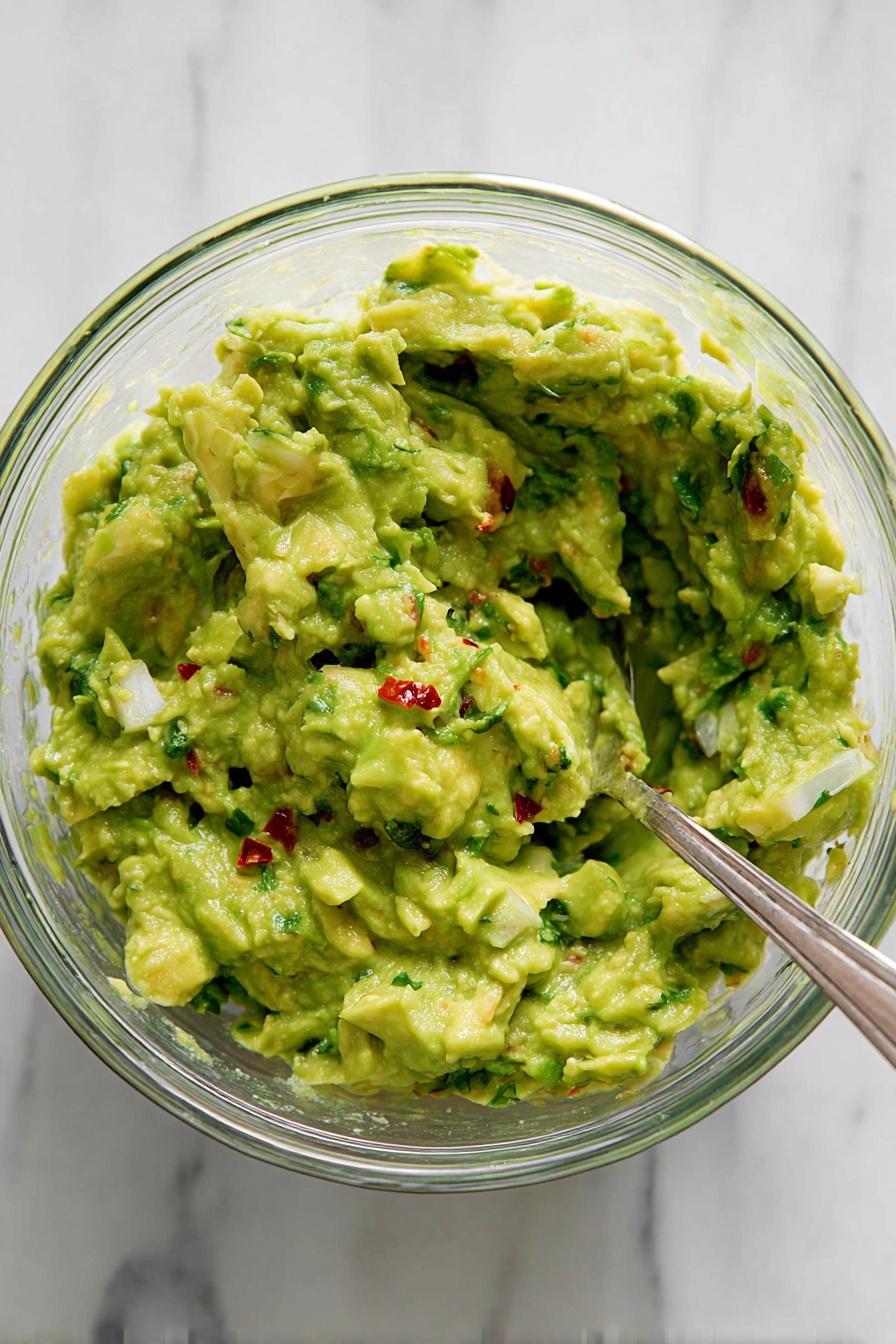A clear glass bowl sits on a white marbled surface filled with chunky mashed green guacamole mixed with small red chili pieces, white onion bits, and green herb flecks, creating a textured and colorful mix. A silver spoon is partially dipped into the guacamole on the right side of the bowl with some guacamole clinging to the spoon. The overall look is fresh, with layers of soft avocado base and small colorful vegetable pieces photo taken with an iphone --ar 2:3 --v 7