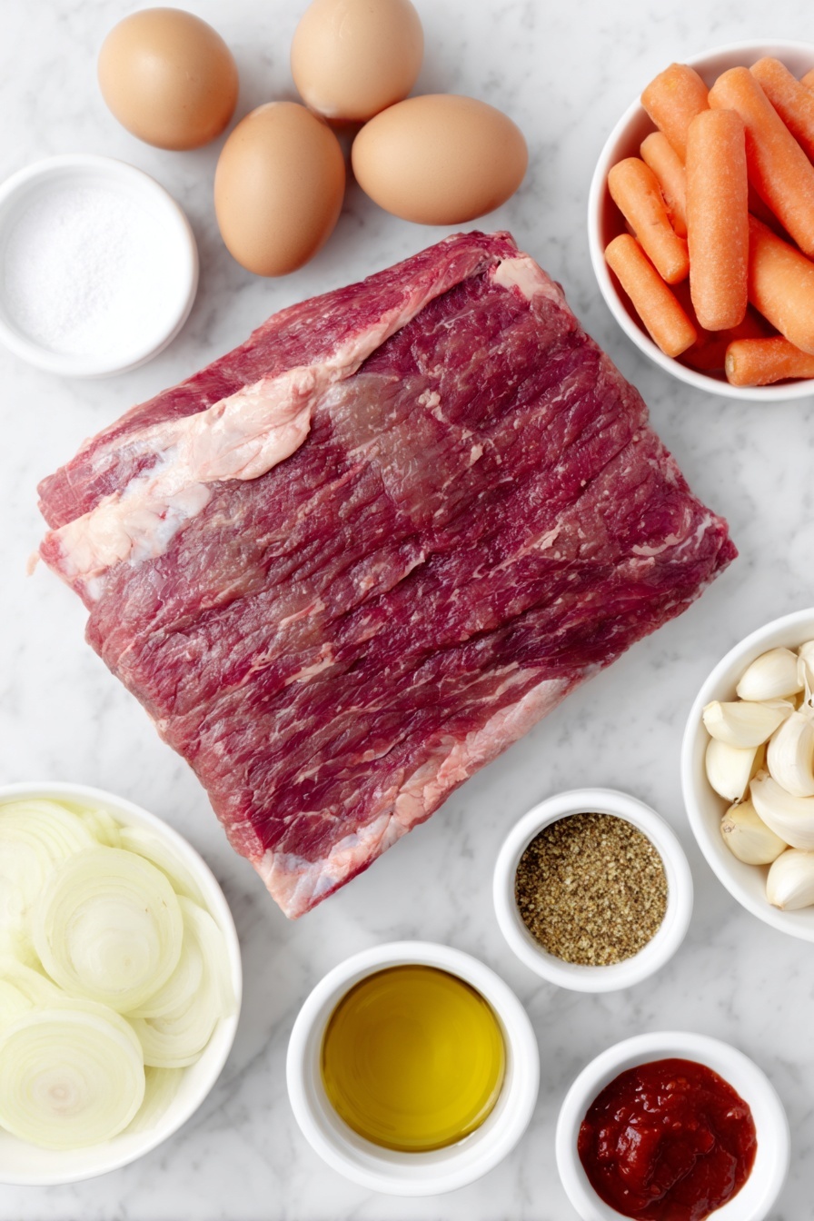 Flat lay of a fresh whole first-cut beef brisket with a thin layer of fat, a pile of yellow onions halved and sliced thick, six whole garlic cloves with peeled skins, thick peeled and trimmed carrot chunks, a small white ceramic bowl of coarse kosher salt, a small white ceramic bowl of freshly ground black pepper, a small white ceramic bowl of bright red tomato paste, and a small white ceramic bowl of golden vegetable oil, all arranged in perfect symmetry on a clean white marble surface, soft natural light, photo taken with an iPhone, professional food photography style, fresh ingredients, white ceramic bowls, no bottles, no duplicates, no utensils, no packaging --ar 2:3 --v 7 --p m7354615311229779997