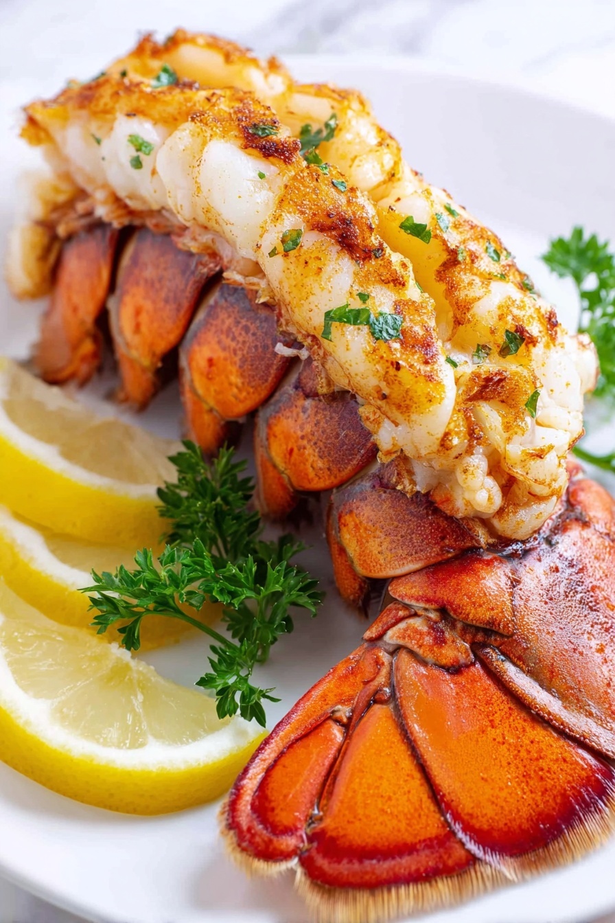A cooked lobster tail is placed on a white plate, showing two layers: the bottom layer is the lobster shell which is rough and speckled with orange and brown colors, and the top layer is the white lobster meat topped with a golden-brown grilled coating with small green parsley flakes scattered on it. On the left side of the plate, there are two lemon wedges with a light yellow color, and at the bottom of the image, fresh green parsley leaves are placed, adding color contrast. The plate is set on a white marbled surface. Photo taken with an iphone --ar 2:3 --v 7