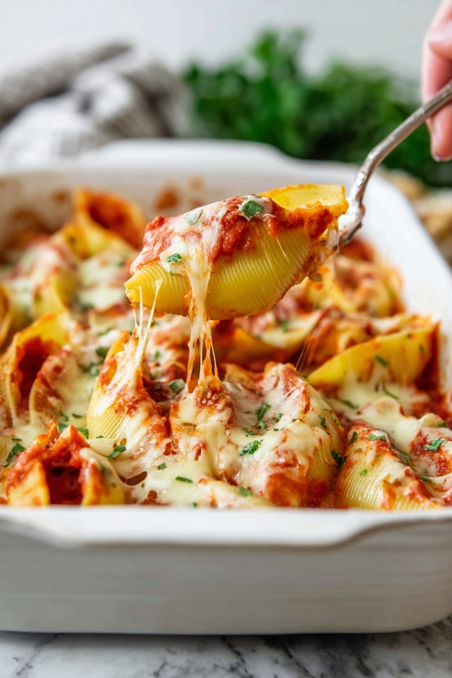 The image shows a white baking dish filled with large pasta shells layered with red tomato sauce, melted cheese, and green herbs. The top layer of the dish is golden and bubbly with browned spots, indicating it has been baked. A woman's hand holding a fork lifts a pasta shell from the dish, with melted cheese stretching from the shell back into the dish. The background features a slightly blurred white marbled surface with a sprig of green herb in the foreground. photo taken with an iphone --ar 2:3 --v 7