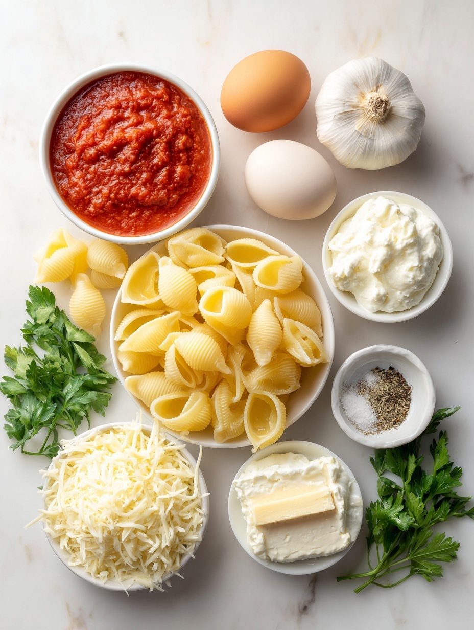 Flat lay of a small pile of jumbo pasta shells, a mound of creamy ricotta cheese, a handful of shredded mozzarella cheese, a small heap of grated parmesan cheese, a softened block of cream cheese, one large whole egg with a clean shell, a small white bowl filled with vibrant red marinara sauce, a few sprigs of fresh chopped parsley, one large garlic clove, and a small white bowl containing dried oregano, sea salt, and ground pepper, all arranged with perfect symmetry on a clean white marble surface, soft natural light, photo taken with an iPhone, professional food photography style, fresh ingredients, white ceramic bowls, no bottles, no duplicates, no utensils, no packaging --ar 2:3 --v 7 --p m7354615311229779997