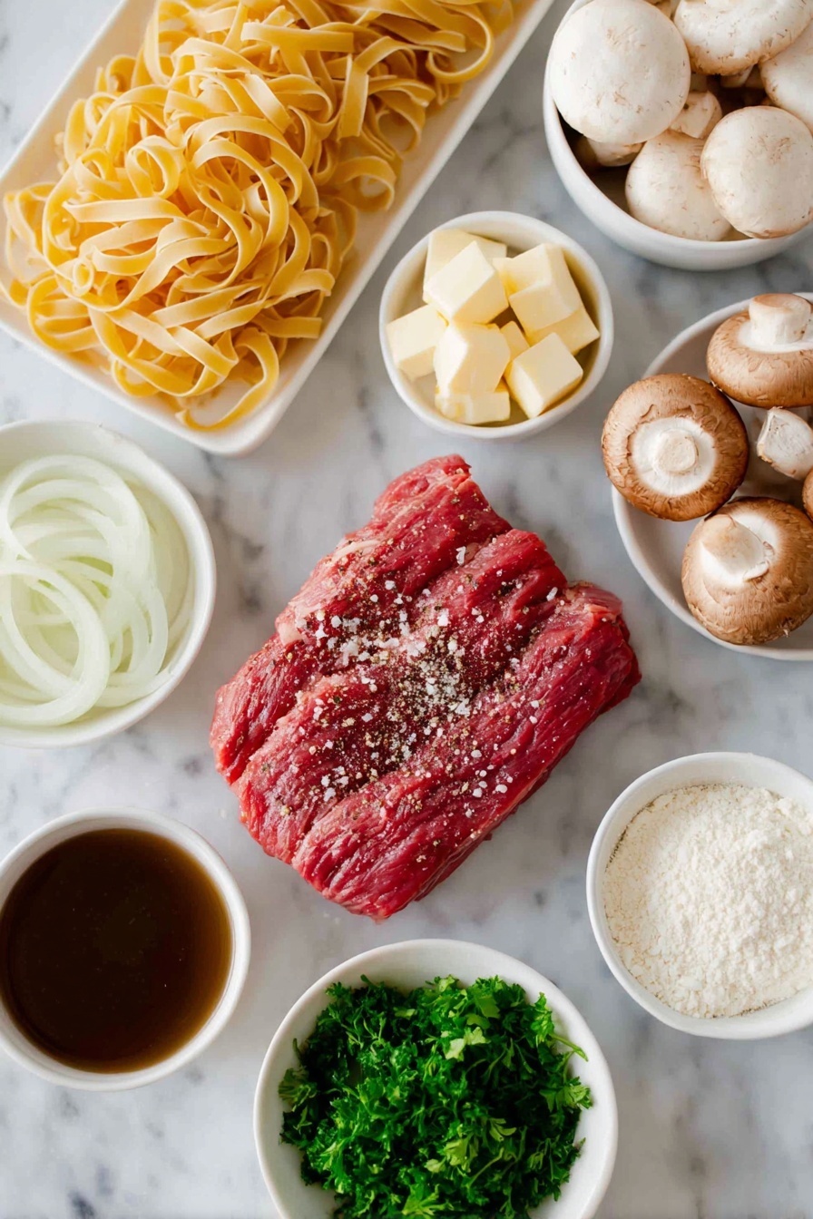 Flat lay of wide egg noodles freshly cooked in a neat pile, a small mound of thinly sliced raw flank steak with vibrant red color, a small white onion thinly sliced into translucent rings, a cluster of mixed fresh button and baby bella mushrooms with smooth caps, four whole uncracked brown garlic cloves, a small white ceramic bowl of pale golden butter, a small white bowl filled with creamy white Greek yogurt, a small white bowl containing rich dark beef stock, a small white bowl with amber Worcestershire sauce, a few sprigs of bright green chopped fresh parsley, a small white bowl of fine sea salt crystals, a small white bowl of freshly cracked black peppercorns -- all arranged in perfect symmetry and balanced composition placed on a clean white marble surface, soft natural light, photo taken with an iPhone, professional food photography style, fresh ingredients, white ceramic bowls, no bottles, no duplicates, no utensils, no packaging --ar 2:3 --v 7 --p m7354615311229779997