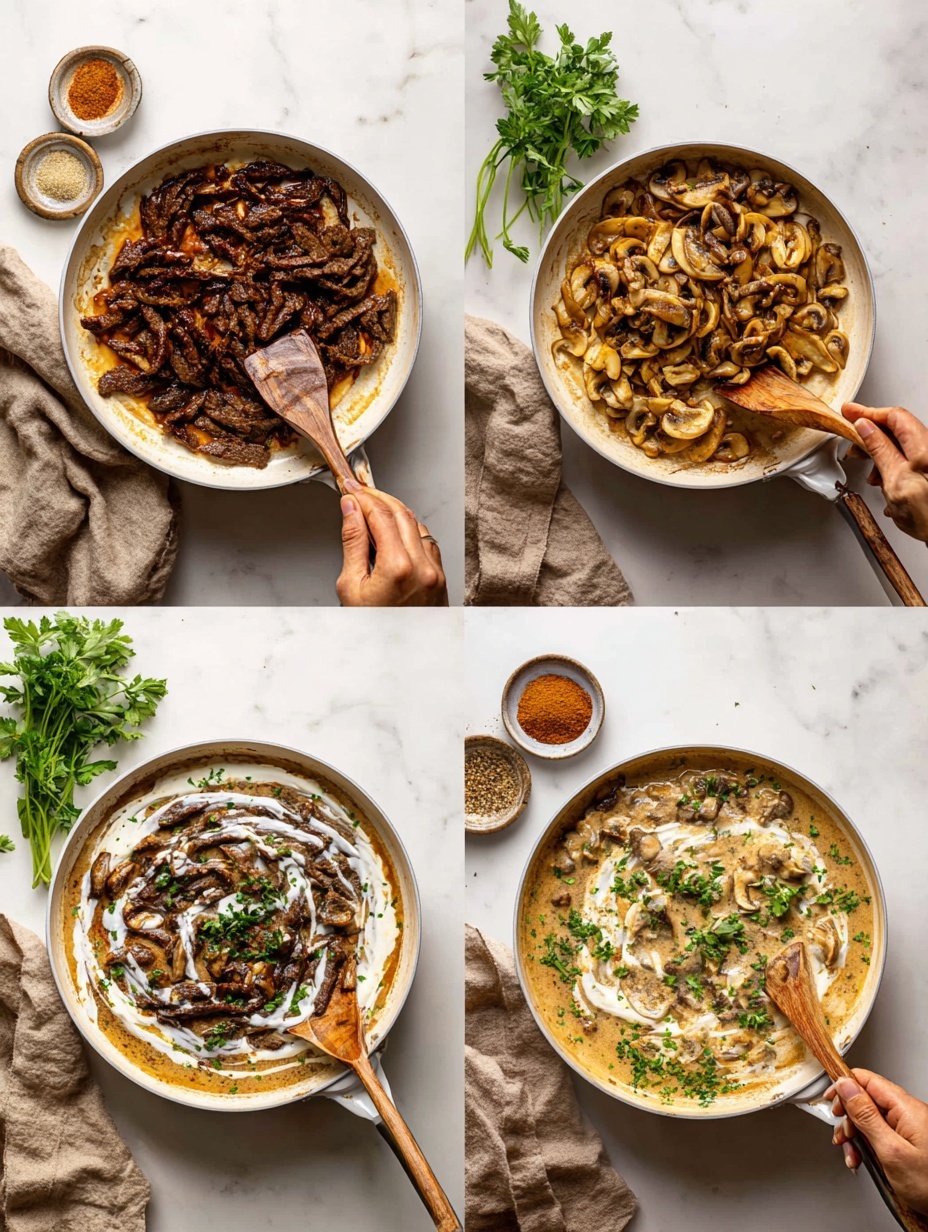 The image shows four stages of cooking a creamy beef and mushroom dish in a white pan on a white marbled surface. In the first stage, slices of cooked beef with a dark brown, slightly crispy texture are spread evenly in the pan with a wooden spoon on the right side. The second stage shows sliced, golden-brown mushrooms being stirred with a wooden spoon in the same pan, held by a woman's hand. The third stage presents the cooked beef laid on top of a combination of sautéed mushrooms and a creamy white sauce, with a wooden spoon also inside and a woman's hand holding a towel nearby. The fourth stage shows the finished dish with beef and mushrooms covered in a thick, light brown creamy sauce, garnished with small green parsley pieces and black peppersprinkles on top. Photo taken with an iphone --ar 2:3 --v 7