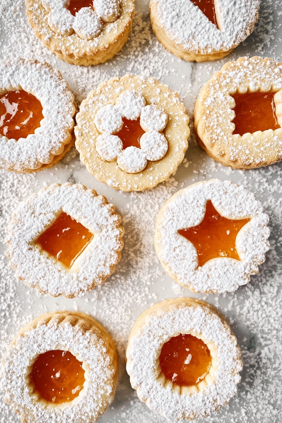 The image shows a group of round sandwich cookies with two layers each; the bottom layer is a pale golden biscuit, and the top layer is a similar biscuit with a cut-out shape in the center revealing a smooth, orange jam filling inside. The top biscuit layer is dusted thickly with white powdered sugar, giving a soft, snowy look. The cut-out shapes vary, including circles, triangles, flowers, and diamonds, all evenly spread across the white marbled surface where the cookies are placed. Photo taken with an iphone --ar 2:3 --v 7