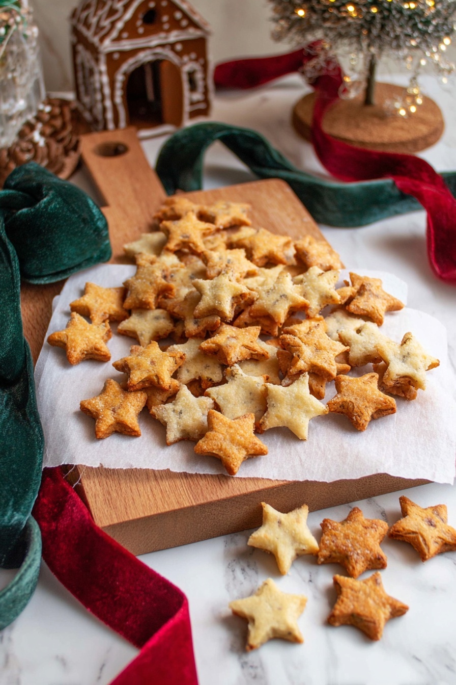 A wooden board on a white marbled surface holds many small star-shaped crackers. There are two groups of crackers: one pile stacked in the middle on a piece of white parchment paper, and another smaller pile wrapped with a dark green ribbon toward the back left. A long red ribbon is placed loosely on the left side of the board. In the background, a gingerbread house with white icing decoration and some pine tree branches wrapped in burlap are slightly blurred. The crackers are golden brown with visible herb specks and have a rough texture. photo taken with an iphone --ar 2:3 --v 7