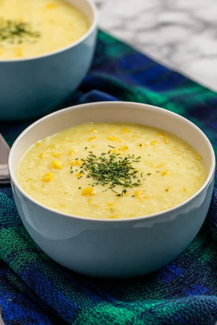 A white bowl filled with thick, creamy soup that is pale yellow with small pieces of white and yellow ingredients mixed throughout. The soup has a small green herb garnish sprinkled in the center. The bowl sits on a dark blue cloth, with a blue and green plaid cloth nearby, all on a white marbled surface. In the background, another similar bowl of soup is visible, slightly out of focus. photo taken with an iphone --ar 2:3 --v 7