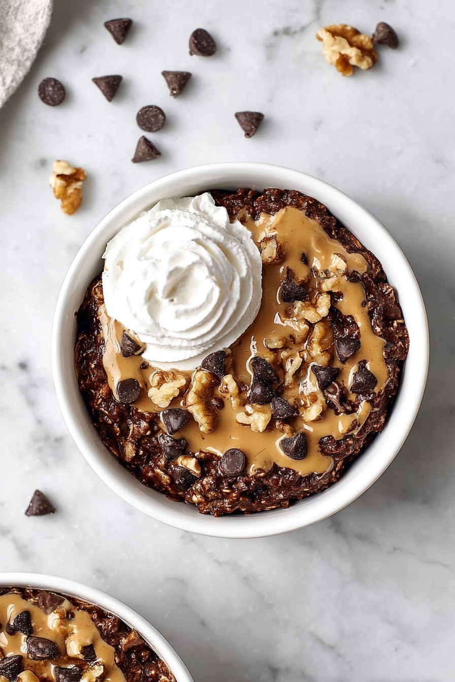 A white bowl filled with a dark brown oatmeal base mixed with chocolate chips, topped with a drizzle of light brown peanut butter, roughly chopped walnut pieces scattered on top, and a large dollop of white whipped cream placed to one side. The bowl sits on a white marbled surface with a few chocolate chips scattered around. Photo taken with an iphone --ar 2:3 --v 7