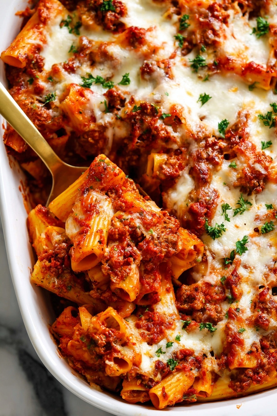 The image shows a close-up of baked pasta in a white dish, with visible layers of tube-shaped pasta covered in a rich red tomato sauce mixed with ground meat. The pasta is topped with melted white cheese that is slightly browned and bubbly, scattered evenly over the surface. Small green herb pieces are sprinkled on top, adding a fresh color contrast. The texture of the pasta looks soft and saucy, with some pasta tubes partially open and filled with sauce and cheese. A gold spoon is scooping some of the pasta, showing the layers of sauce, pasta, cheese, and meat clearly against the white marbled surface. photo taken with an iphone --ar 2:3 --v 7