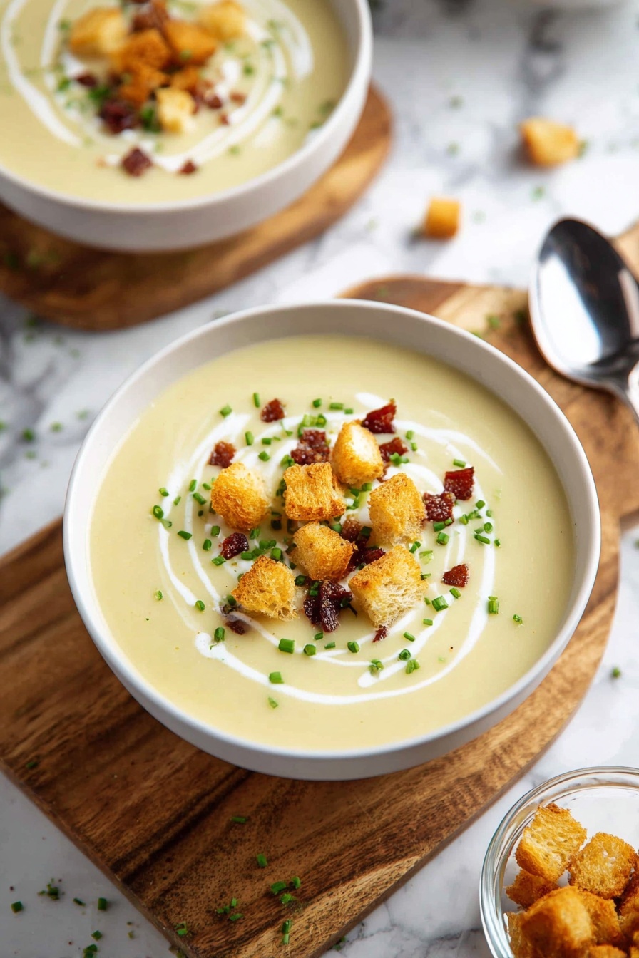 The image shows a white bowl filled with creamy pale yellow soup placed on a wooden board over a white marbled surface. The soup has a swirl of white cream on top, scattered small crunchy golden-brown croutons, tiny green chive pieces, and dark small bits that look like bacon. More croutons and chive bits are slightly spread around the bowl on the board. In the background, part of another white bowl with the same soup is visible, along with a spoon resting on the marbled surface. photo taken with an iphone --ar 2:3 --v 7