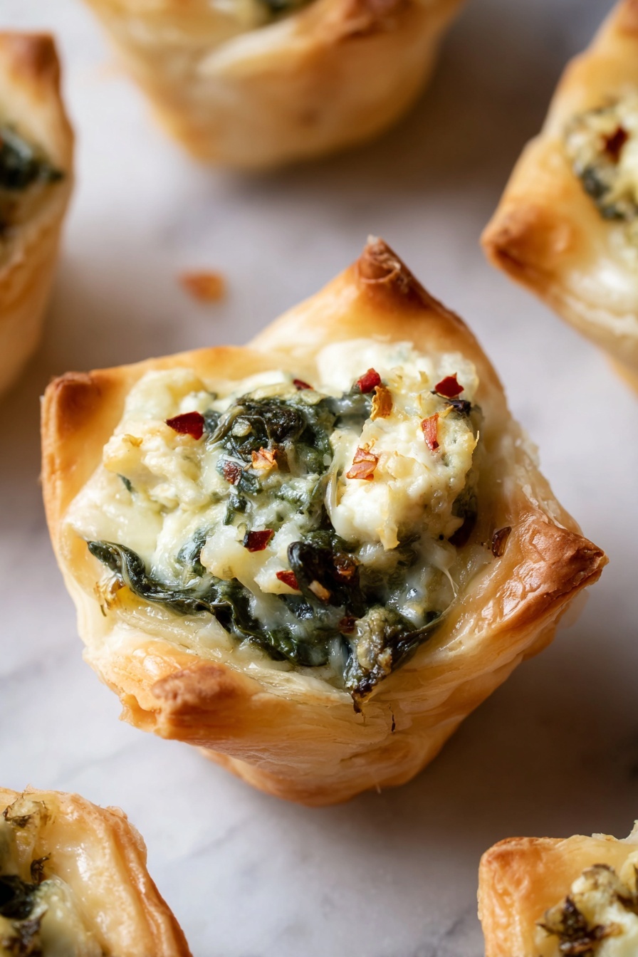 The image shows several small puff pastry cups, each with three visible layers: a golden brown, crispy outer crust forming the base and sides; a pale creamy layer of melted cheese with a smooth texture filling the cups; and dark green spinach leaves mixed into the cheese, slightly wilted but still distinct, giving a rough leafy texture. The pastries are placed scattered on a white marbled surface, with small scattered bits of cheese and a few red chili flakes around them. One piece is bitten, revealing the airy flaky layers of the pastry inside. The lighting is soft and natural, highlighting the warm tones of the baked pastry and the creamy filling. photo taken with an iphone --ar 2:3 --v 7