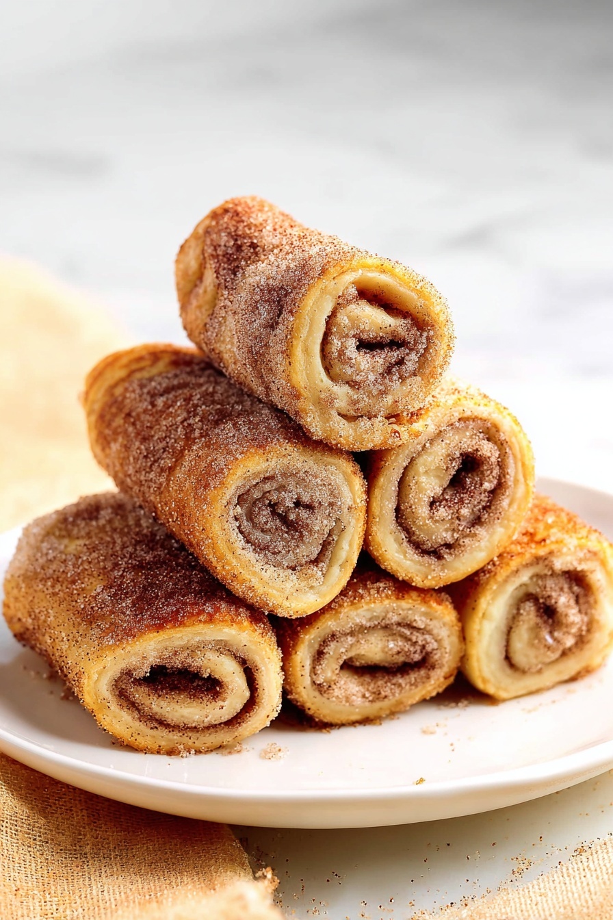 The image shows a white plate stacked with six cinnamon sugar rolls. Each roll is golden brown with a crispy texture on the outside, coated with a layer of sparkling sugar and cinnamon. The rolls are tightly rolled, showing spiral layers of dough mixed with darker cinnamon filling. The plate is placed on a white marbled surface, and the warm colors of the rolls contrast nicely with the clean background. Photo taken with an iphone --ar 2:3 --v 7
