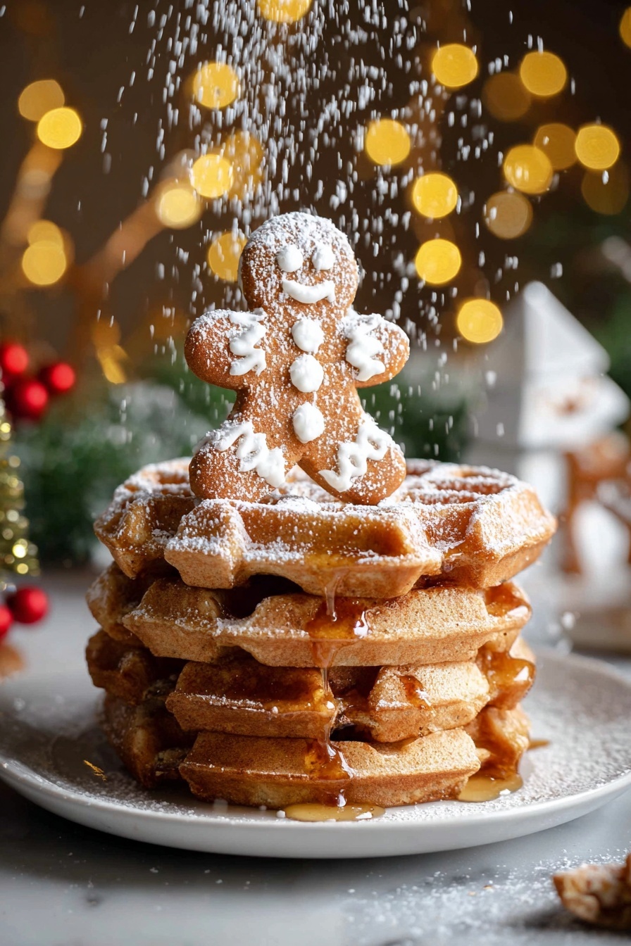 A stack of four golden-brown waffles is placed on a white plate, each waffle thick and fluffy with a slightly crispy texture. The waffles have syrup dripping down the sides, pooling gently at the base. On top of the stack is a small gingerbread man cookie decorated with white icing for eyes, mouth, and buttons. Powdered sugar is being sprinkled over the waffles and cookie from above, falling like tiny snowflakes. The scene has warm, blurred yellow lights in the background, and a white marbled surface underneath the plate photo taken with an iphone --ar 2:3 --v 7