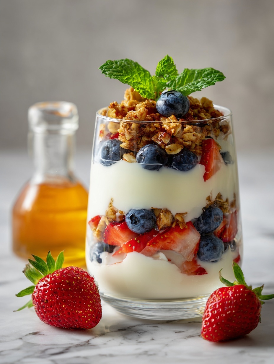 The image shows a clear glass filled with three main layers. The bottom layer is smooth white yogurt. The middle layer has mixed blueberries and strawberries with a small amount of granola visible. The top layer is thick white yogurt covered with more granola, fresh blueberries, chopped strawberries, and a small sprig of bright green mint leaves. The glass is placed on a white marbled surface with a small bottle of honey to the side, and more similar glasses are blurred in the background. photo taken with an iphone --ar 2:3 --v 7