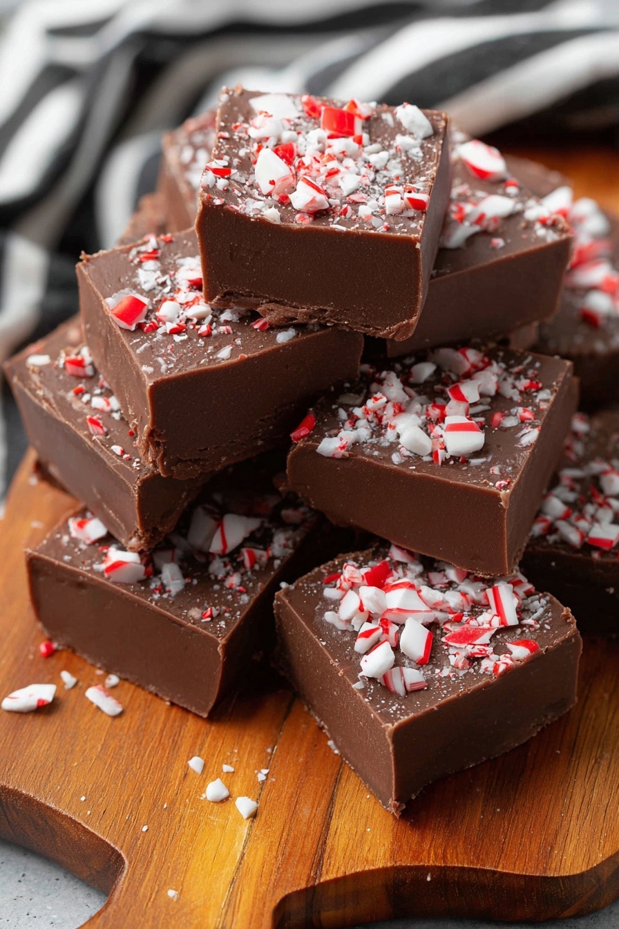 A wooden board sitting on a white marbled surface holds two groups of square chocolate fudge pieces stacked in soft piles. The pile on the left has about ten fudge pieces topped with crushed red and white peppermint candy, giving a mix of smooth dark brown and crunchy white with red bits on the top layer. The pile on the right has plain dark brown fudge squares with a smooth texture, arranged in a scattered stack. A black and white striped cloth is partly visible on the left side under the board. photo taken with an iphone --ar 2:3 --v 7