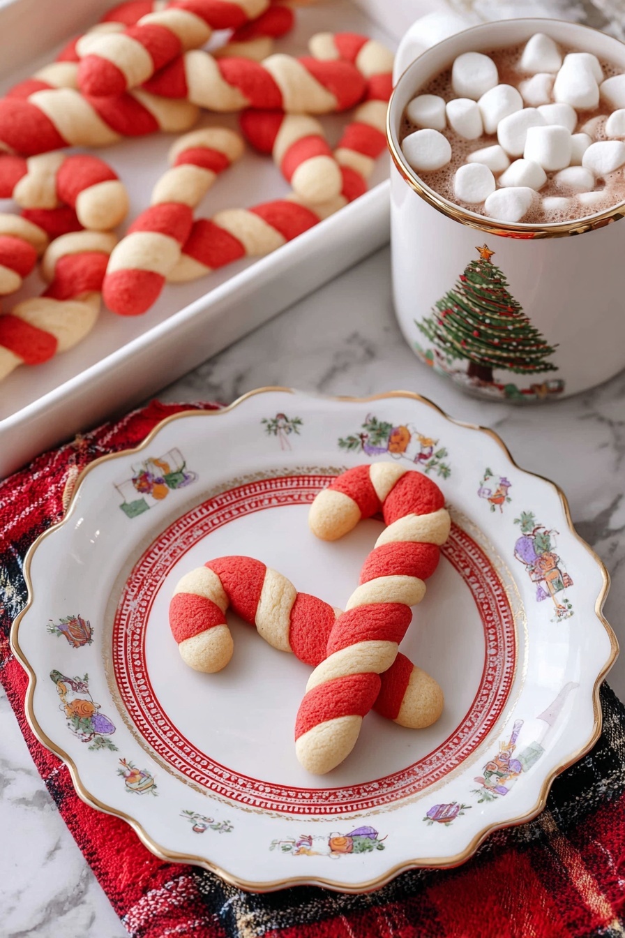 The image shows a candy cane-shaped cookie with two twisted layers, one red and one cream-colored, giving it a festive striped look. The cookie sits in the center of a white plate with a scalloped edge, decorated with small colorful images like a rocking horse, teddy bear, gift box, and holly leaves. In the background, more candy cane cookies rest on a white tray with a red floral border, placed on top of a red plaid cloth. To the right, a white mug with a Christmas tree design is filled to the brim with mini marshmallows. The whole scene is set on a white marbled surface. Photo taken with an iphone --ar 2:3 --v 7