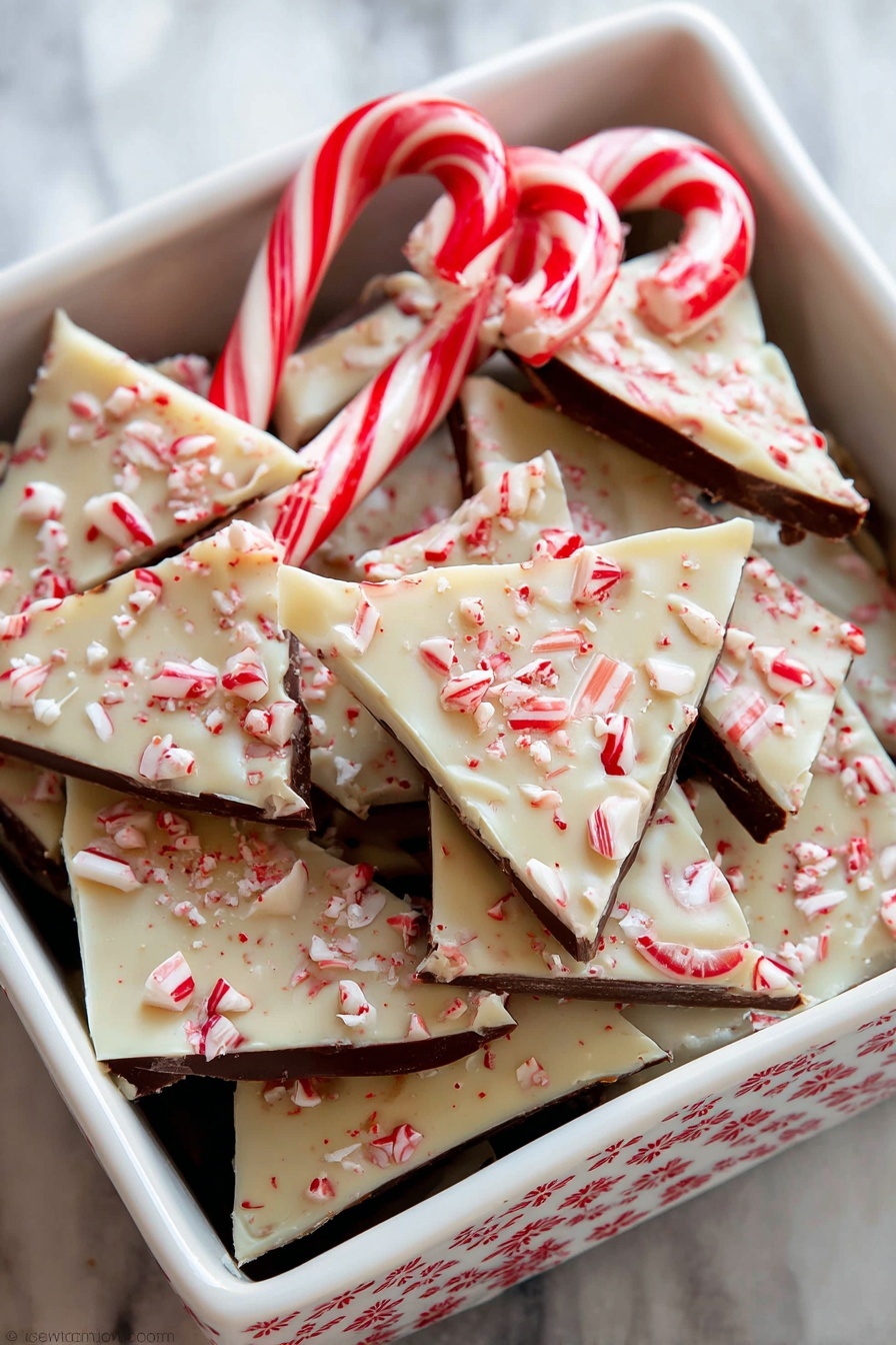 The image shows a white dish with red patterned edges, filled with pieces of candy bark. Each piece has two layers: a smooth, dark chocolate bottom layer and a thick, creamy white chocolate top layer. The top layer is covered with crushed red and white peppermint candy bits, giving a textured look. There are also two small whole candy canes with red and white stripes placed inside the dish among the bark pieces. The background is a white marbled texture. photo taken with an iphone --ar 2:3 --v 7