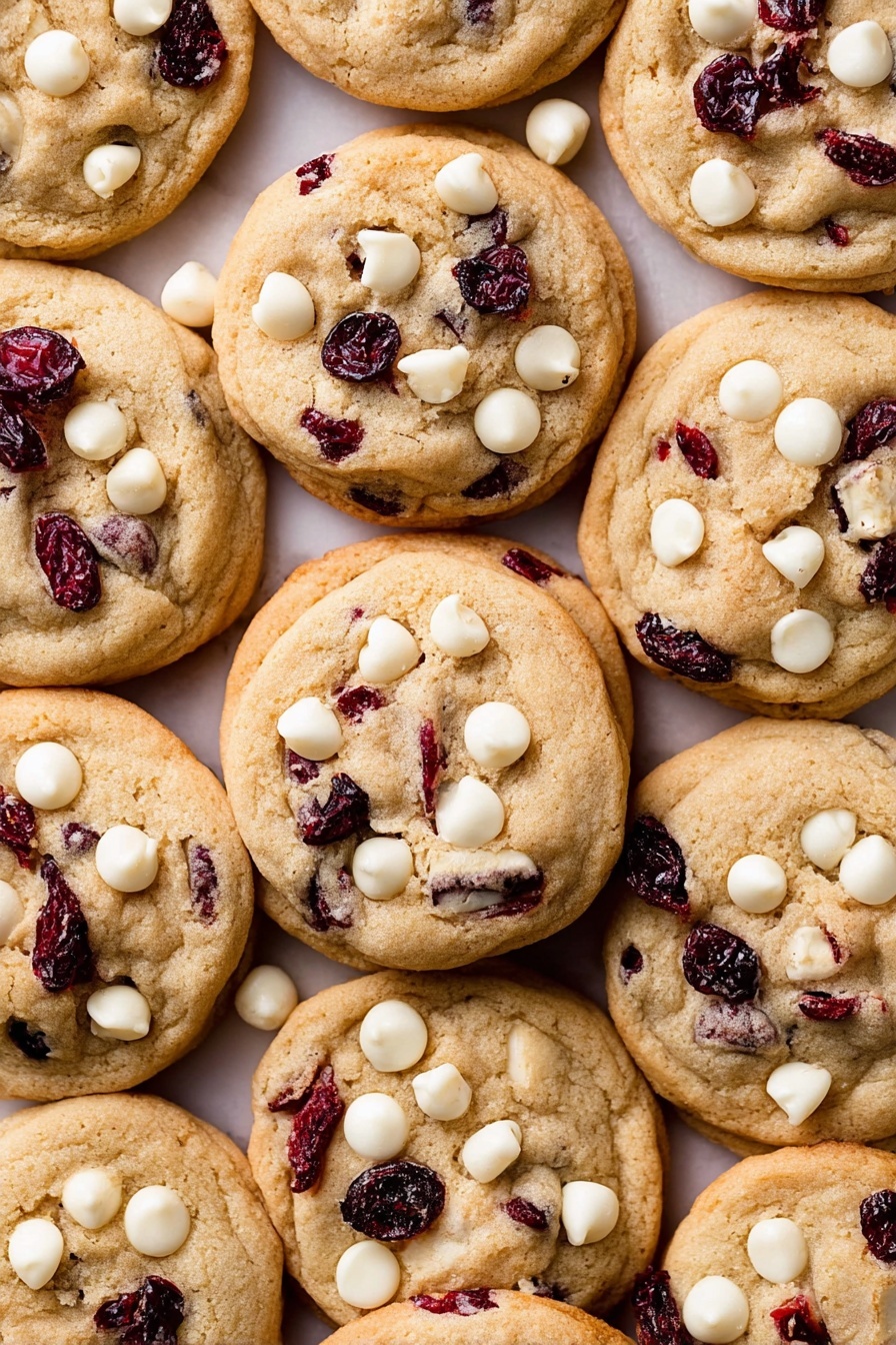 A close-up view of many round cookies piled together, each cookie showing a soft, golden-brown dough base with embedded pieces of dark red dried fruit and white chocolate chips scattered across the surface. The cookies have a slightly bumpy texture with small cracks, and the white chocolate chips sit on top, contrasting with the darker spots of fruit. The background is a white marbled texture, and the cookies fill the entire frame in no particular order. photo taken with an iphone --ar 2:3 --v 7