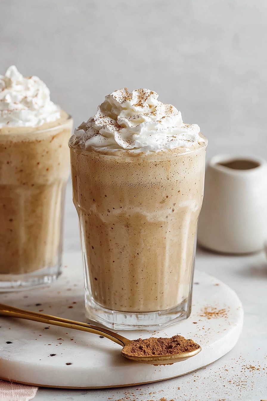 A clear glass filled with a creamy light brown drink, topped with a generous swirl of white whipped cream sprinkled with a light dusting of brown cinnamon powder. A thin slice of light yellow apple is placed inside the glass on the left side, and a white and gold striped paper straw stands on the right side. The glass sits on a white marbled surface, next to a white plate with a gold spoon holding some cinnamon powder. Photo taken with an iphone --ar 2:3 --v 7