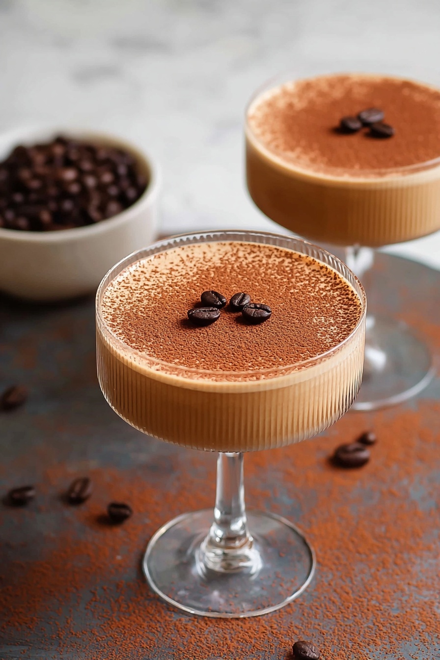Two clear glass coupe glasses hold a two-layer coffee drink with a smooth, light brown base layer topped by a slightly darker creamy layer dusted with fine cocoa powder. Each glass is decorated with three dark roasted coffee beans placed evenly on top. The glasses stand on a rustic dark brown wooden surface scattered with cocoa powder, with a small white bowl of coffee beans blurred in the background. photo taken with an iphone --ar 2:3 --v 7