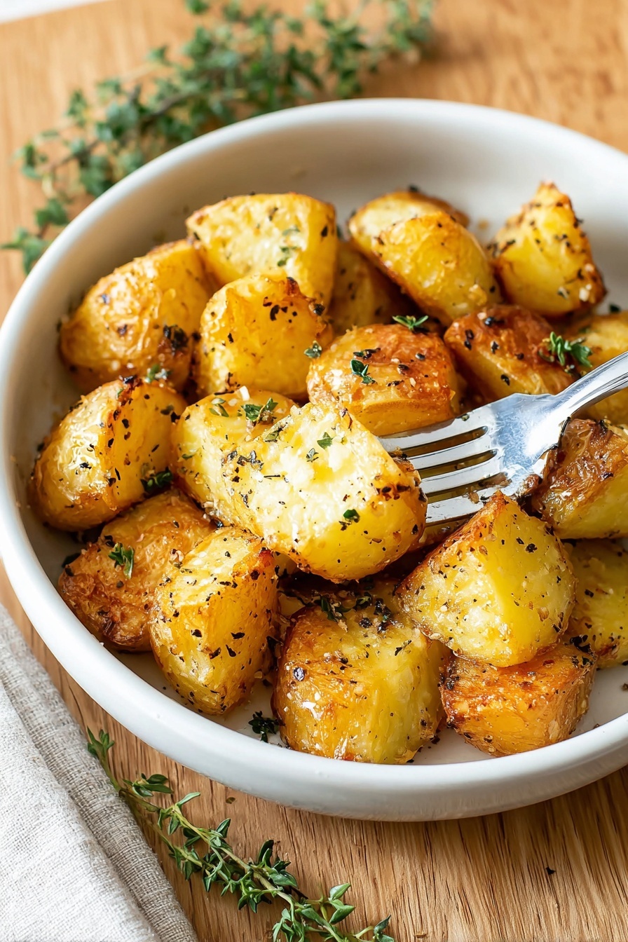 The image shows a white oval bowl filled with golden-brown roasted potato chunks, each piece crisp on the outside with a slightly rough texture from the seasoning of black pepper and green herbs. In the center, a silver fork holds one potato piece showing the soft, pale yellow inside, contrasting with the crunchy outer layer. The bowl is placed on a round wooden tray with a sprig of green herbs nearby, all set on a white marbled surface. photo taken with an iphone --ar 2:3 --v 7