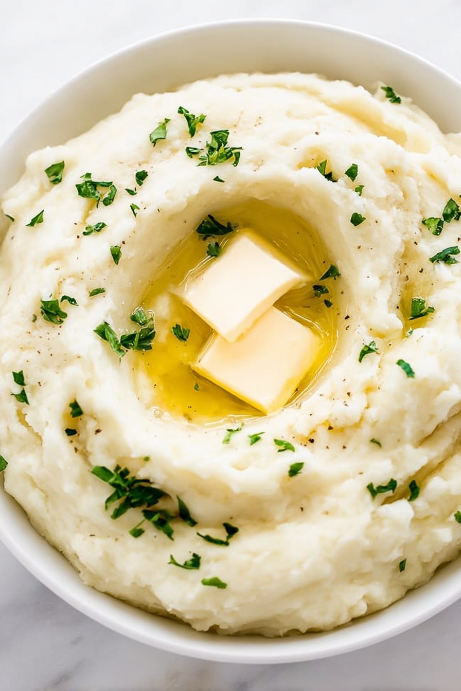 A white bowl filled with creamy mashed potatoes that have a smooth, slightly textured surface. At the center of the mash, there are two small melting pats of butter with an oily shine pooling around them. Small pieces of chopped green herbs are scattered over the top, adding spots of color. The mashed potatoes form soft, thick swirls giving a layered look to the dish. The bowl sits on a white marbled surface. photo taken with an iphone --ar 2:3 --v 7