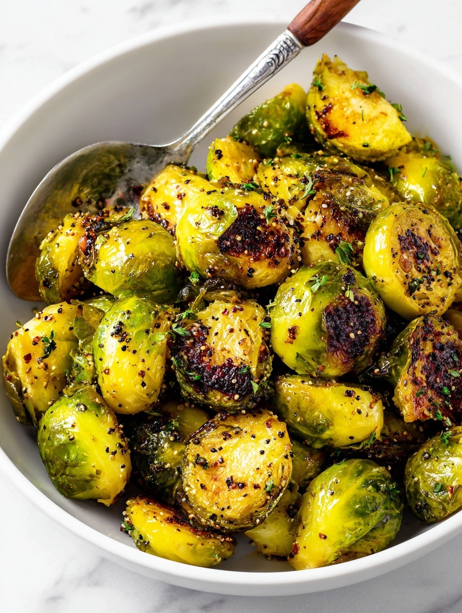 This is a close-up image of a white bowl filled with roasted Brussels sprouts. The Brussels sprouts are whole or halved, showing layers of bright green and yellow-green leaves with some dark brown spots from roasting. There is a shiny texture on the sprouts indicating they are coated with oil, and they are seasoned with black pepper and small bits of seasoning. A metal spoon with a wooden handle is inside the bowl, touching the Brussels sprouts. The bowl sits on a white marbled surface. Photo taken with an iphone --ar 2:3 --v 7