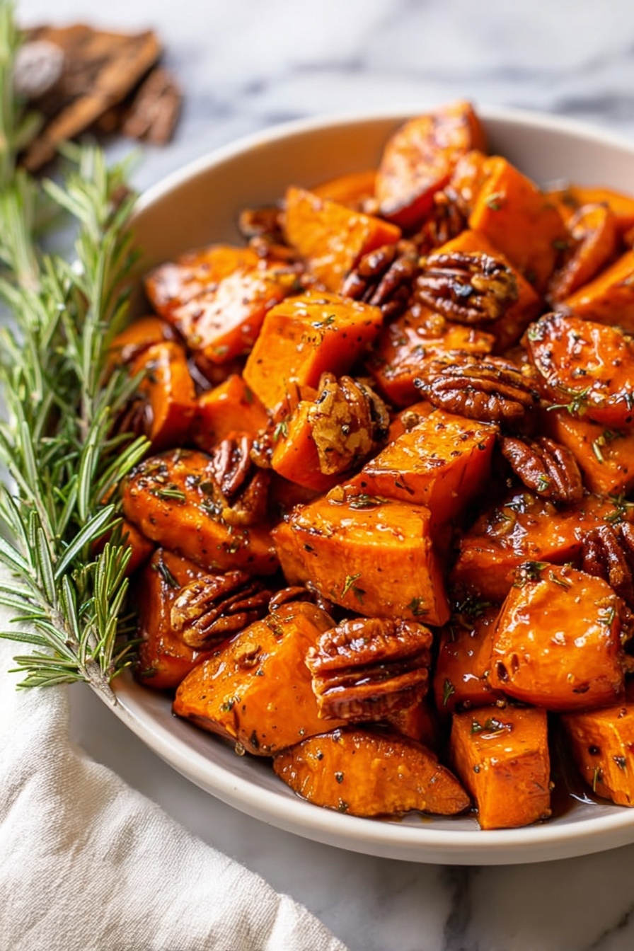 The image shows a white plate filled with roasted orange sweet potato chunks mixed with brown pecans. The sweet potato pieces have a shiny, glazed texture, and the pecans are scattered evenly throughout. On the left side of the plate, there is a small bundle of fresh green rosemary sprigs placed under the sweet potatoes. The plate sits on a white marbled surface, and a white cloth with a decorative edge is partially visible at the bottom left corner. photo taken with an iphone --ar 2:3 --v 7