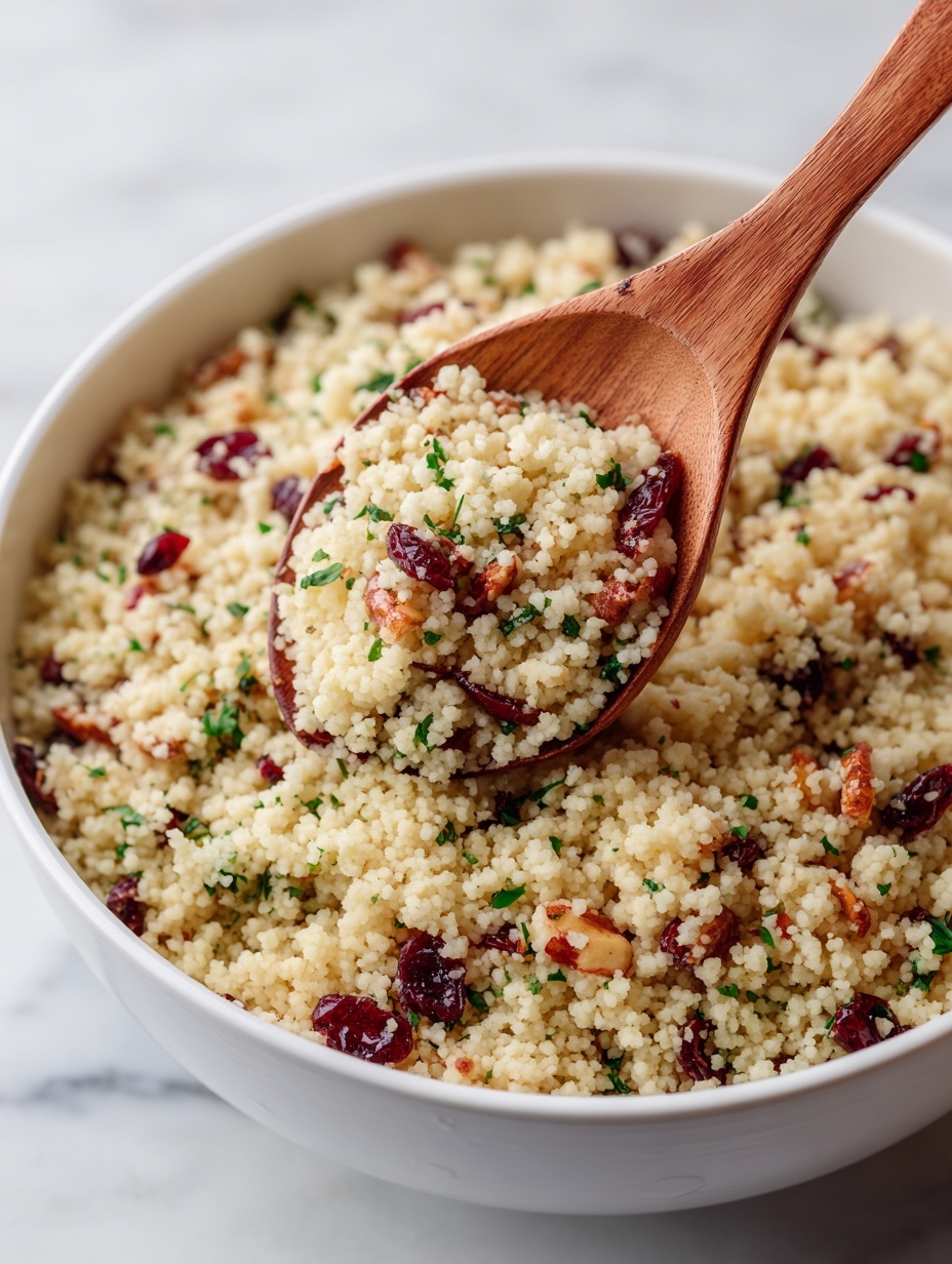 A white round plate holds a mound of couscous salad with light beige tiny grain layers mixed with small pieces of bright green herbs and scallions, scattered dark red dried cranberries, and bits of brown nuts mixed throughout. A small green mint leaf sits on top as a garnish. A silver spoon is placed on the right side of the plate. The plate is set on a white marbled surface with a white bowl in the background filled with more of the same couscous salad. Photo taken with an iphone --ar 2:3 --v 7