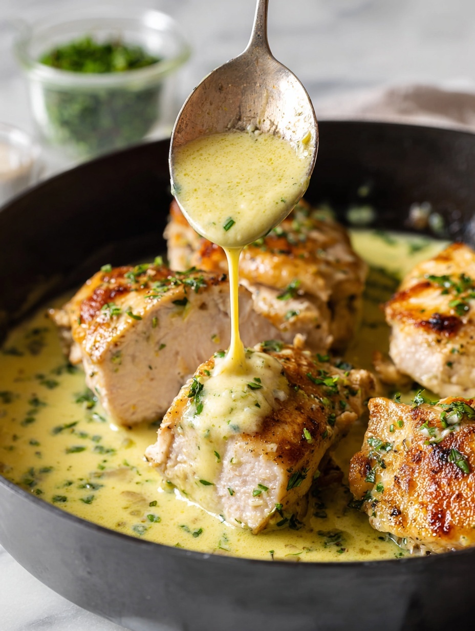 A black pan on a white marbled surface holds a creamy pasta dish with two rows of sliced cooked chicken arranged on top. The pasta is penne, coated in a light yellow-green pesto cream sauce. The chicken slices are white inside with a slight golden brown edge and sprinkled with green parsley. To the top right of the pan is a wooden board with two pieces of pale cheese and a small gold cheese grater. A green basil plant is partially visible in the top left corner. A black spoon rests on the right side inside the pan. Photo taken with an iphone --ar 2:3 --v 7