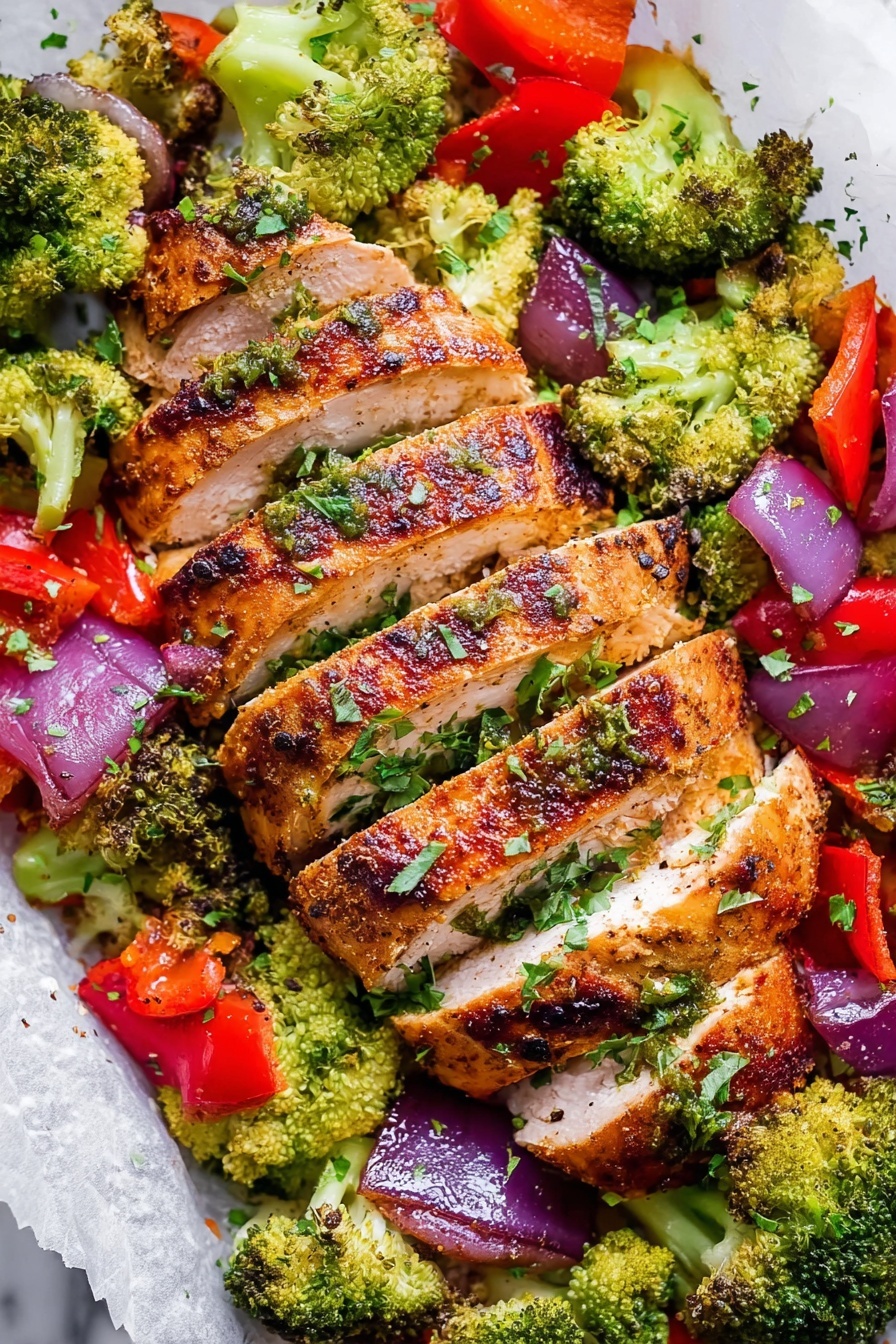 A white rectangular tray lined with parchment paper holds two rows of sliced golden-brown cooked chicken placed in the center; the chicken is juicy with visible seasoning on the surface. Surrounding the chicken are vibrant green broccoli florets, bright red bell pepper pieces, and chunks of purple onion, all roasted and lightly crisped. The vegetables are scattered evenly around the chicken, showing a mix of textures from soft to slightly crunchy. The entire dish is sprinkled with finely chopped fresh green herbs, adding a touch of freshness. The background is a white marbled texture. photo taken with an iphone --ar 2:3 --v 7