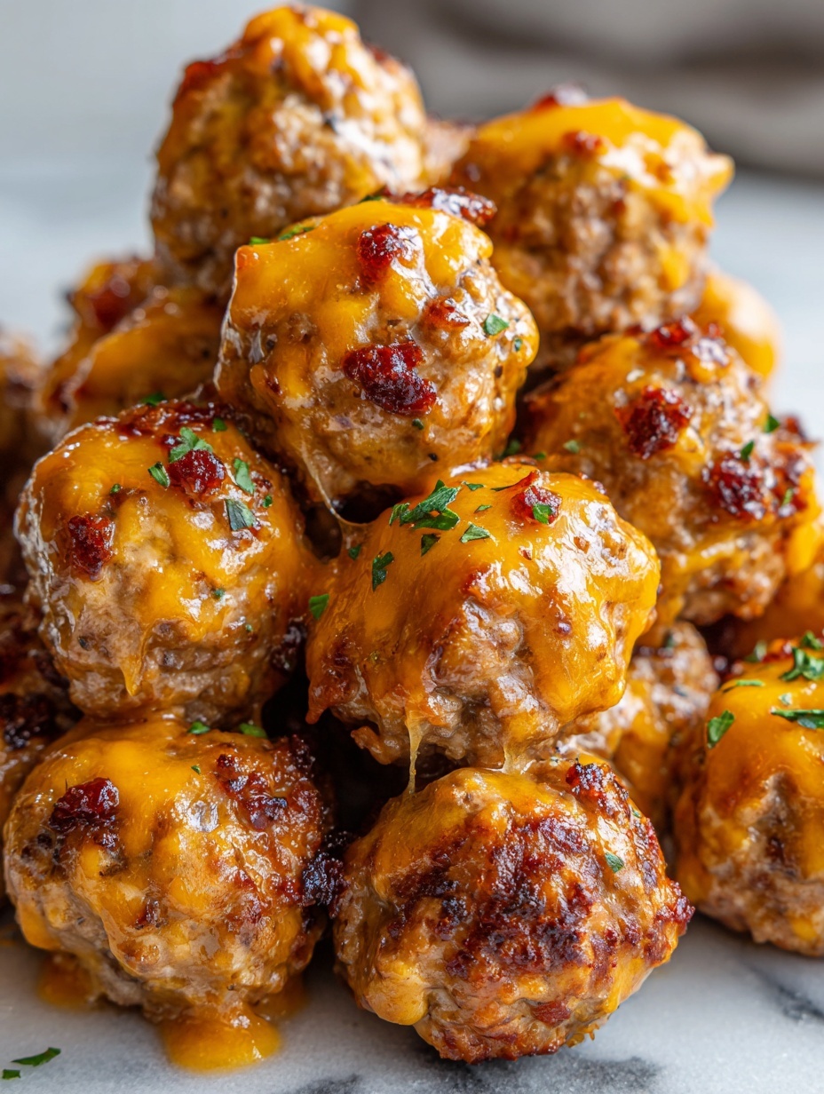 The image shows several golden-brown baked meatballs piled together, each meatball coated with melted orange cheese that looks shiny and slightly crispy in spots. Small bits of red sauce peek through the cheese on some meatballs, adding a bright contrast. Fresh green parsley leaves are sprinkled on top, adding a touch of freshness and color against the warm tones of the meatballs and cheese. The meatballs have a textured surface with a mix of smooth melted cheese and rougher baked edges, all resting on a white marbled surface. photo taken with an iphone --ar 2:3 --v 7