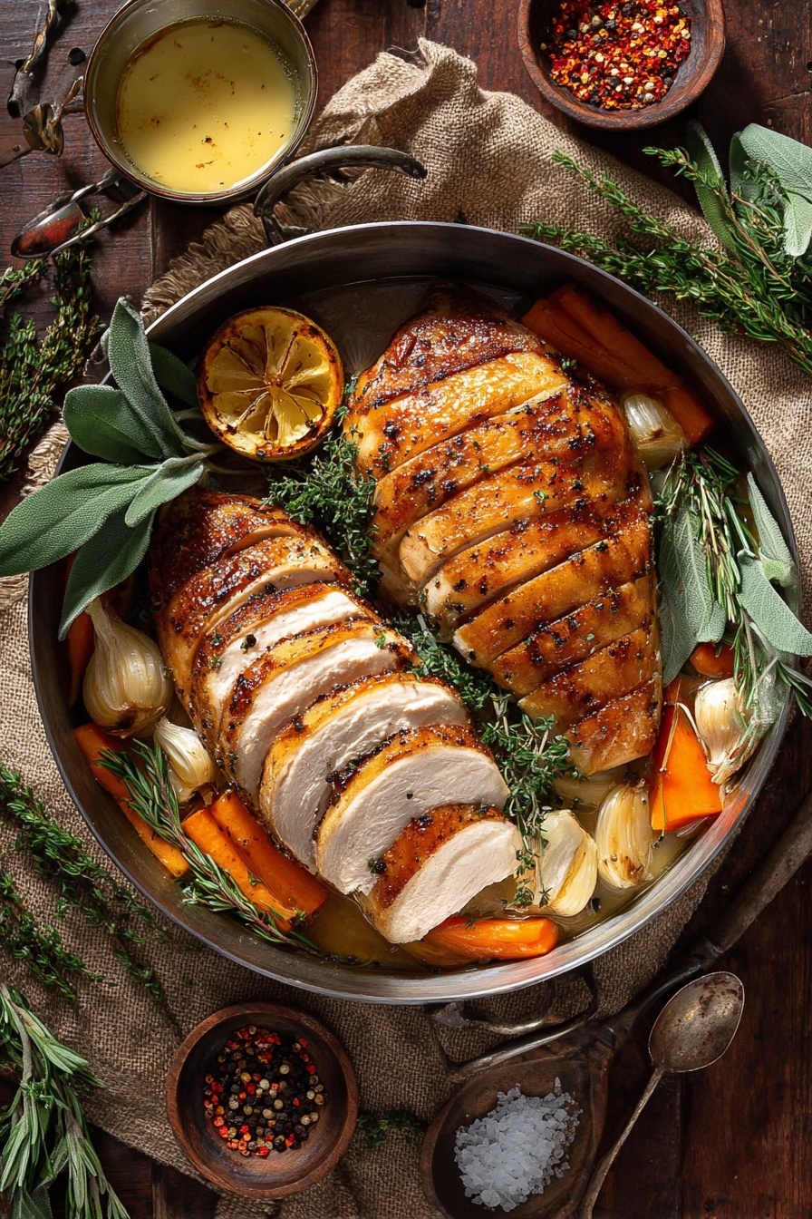 The image shows a white bowl filled with sliced cooked chicken covered in a yellow sauce with black pepper specks. The chicken has golden-brown, crispy skin and tender, white meat beneath. Around the chicken, there are whole green sage and rosemary leaves, small orange carrot pieces, a halved roasted lemon with charred marks, and a roasted garlic bulb with a light brown top. The chicken slices are layered thickly on top, some overlapping, and the sauce is spread unevenly over them, highlighting their texture. The whole setup rests on a white marbled surface. photo taken with an iphone --ar 2:3 --v 7