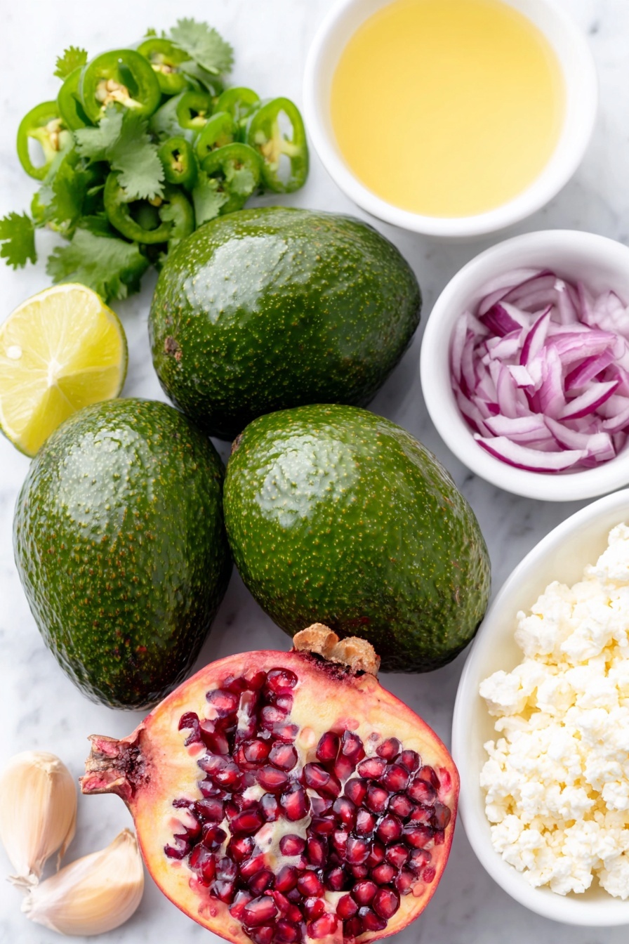 Flat lay of four medium ripe avocados, two whole uncracked brown eggs, a small white bowl of fresh lime juice, two garlic cloves, one small white bowl with coarse salt, half a medium red onion chopped, a small bunch of fresh cilantro leaves roughly chopped, two small green jalapeños sliced, one medium pomegranate with bright red arils scattered nearby, half a small white bowl of crumbled feta cheese, all arranged symmetrically on simple white ceramic dishes and bowls, placed on a clean white marble surface, soft natural light, photo taken with an iPhone, professional food photography style, fresh ingredients, white ceramic bowls, no bottles, no duplicates, no utensils, no packaging --ar 2:3 --v 7 --p m7354615311229779997