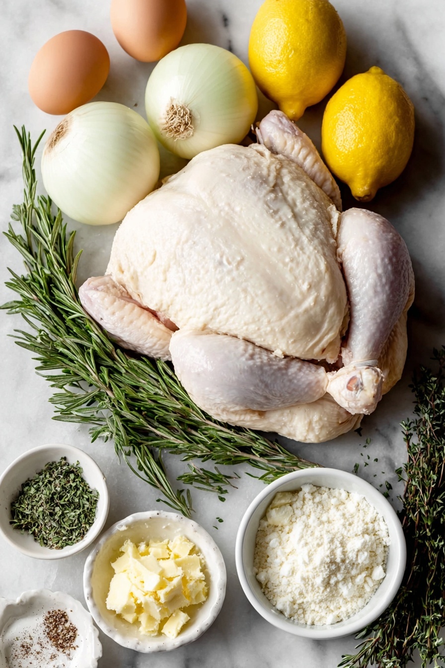 Flat lay of a whole raw chicken with clean skin and no giblets, two peeled medium yellow onions quartered, two large lemons quartered with bright yellow rinds, two halved heads of fresh garlic with white cloves, two fresh rosemary sprigs with needle-like green leaves, two fresh thyme sprigs with small green leaves, a small white ceramic bowl of melted golden butter, a small white ceramic bowl of minced fresh garlic, a small white ceramic bowl of finely chopped fresh rosemary leaves, a small white ceramic bowl of fresh thyme leaves, a small white ceramic bowl of bright yellow lemon zest, a small white ceramic bowl of coarse Kosher salt, a small white ceramic bowl of ground black pepper placed on a clean white marble surface, soft natural light, photo taken with an iPhone, professional food photography style, fresh ingredients, white ceramic bowls, no bottles, no duplicates, no utensils, no packaging --ar 2:3 --v 7 --p m7354615311229779997