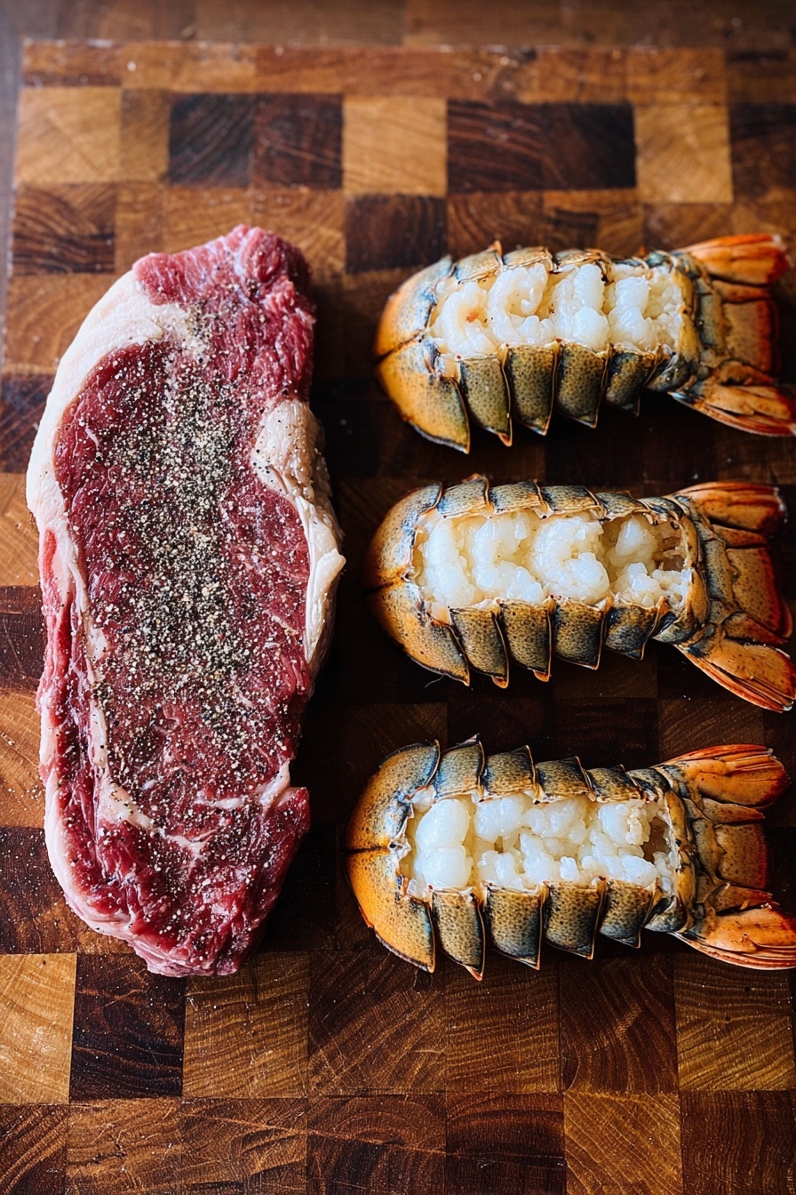 The image shows a single raw steak on the left side, marbled with fat and sprinkled with salt and pepper, its surface red and slightly shiny. On the right side, there are four raw lobster tails lined up vertically, each with a dark brown shell at the bottom and the white lobster meat exposed on top, also sprinkled with salt and pepper. All items are placed on a wooden cutting board with a checkered pattern. photo taken with an iphone --ar 2:3 --v 7