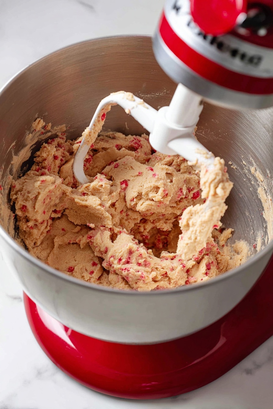 A metal mixing bowl with a red stand mixer contains chunky cookie dough with visible red bits scattered throughout. The dough has a light tan color mixed with small darker brown pieces and bright red accents. A white mixer paddle is partly embedded in the dough, coated with some dough clinging to it. The bowl rests on a white marbled surface. photo taken with an iphone --ar 2:3 --v 7