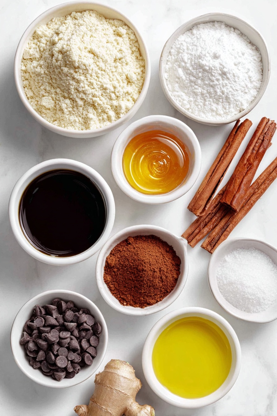 Flat lay of a small mound of almond flour on a white ceramic plate, a small mound of shredded fresh coconut flakes in a white ceramic bowl representing coconut flour, a small white bowl with ground ginger powder, another small white bowl with ground cinnamon, a tiny pinch of salt in a small white bowl, a smooth dollop of pale almond butter on a white ceramic plate, a small white bowl with golden honey, a small white bowl with dark, rich molasses, a few glossy whole uncracked brown almonds (to represent almond butter origin), and a small white bowl filled with semi-sweet chocolate chips next to a tiny white bowl with a clear swirl of coconut oil, placed on a clean white marble surface, soft natural light, photo taken with an iPhone, professional food photography style, fresh ingredients, white ceramic bowls, no bottles, no duplicates, no utensils, no packaging --ar 2:3 --v 7 --p m7354615311229779997