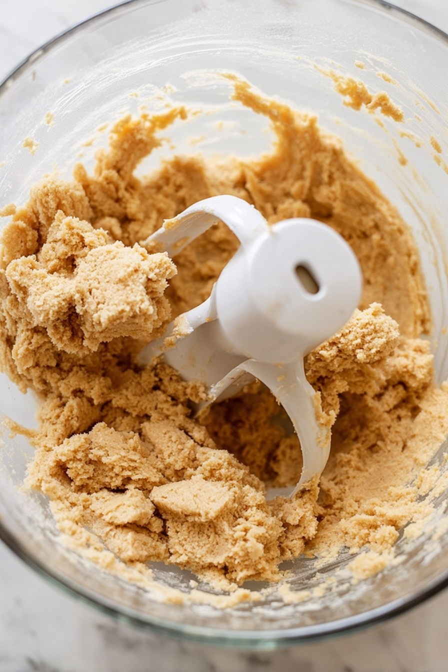 A clear glass mixing bowl filled with thick, light brown cookie dough with a soft, crumbly texture inside. A white paddle attachment of a mixer is partially buried in the dough, mixing it. The bowl sits on a white marbled surface, and the dough is clumped around the paddle and sides of the bowl, showing a slightly uneven, fresh-made consistency. photo taken with an iphone --ar 2:3 --v 7