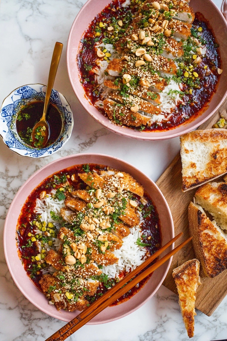 A pink plate holds three layers: at the bottom is white steamed rice mixed with small green herbs and bits of light yellow fruit, possibly pineapple; above that are golden brown, crispy sliced chicken strips laid slightly fanned out, showing the white inside; the top layer is light green chopped herbs sprinkled with white sesame seeds and crushed nuts, all drizzled with a glossy reddish-orange sauce pooling lightly around the food. A woman's hand with bright red nail polish is holding wooden chopsticks picking up a piece of chicken. Nearby, there is a small white bowl with dark sauce and green herbs, and the table surface is white marble. Photo taken with an iphone --ar 2:3 --v 7