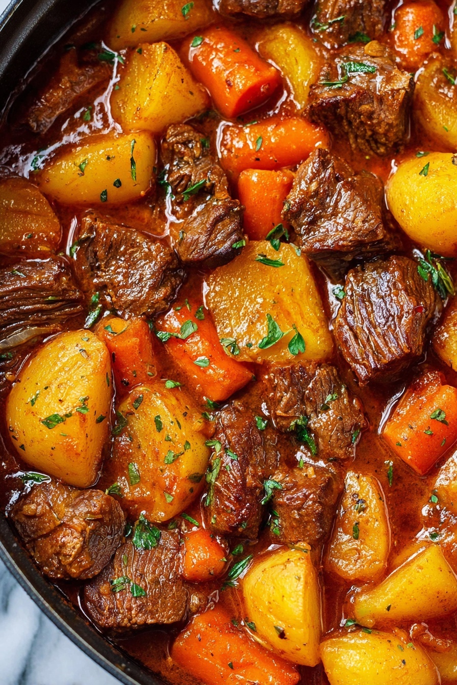 The image shows a close-up view of a rich beef stew in a pan. There are thick chunks of brown beef with a textured, cooked surface, yellowish chunks of potato with a smooth, shiny texture, bright orange carrot pieces cut into cubes, and caramel-colored onion pieces. The ingredients are all in a thick, reddish-brown sauce. Small green herb leaves are sprinkled on top for garnish. The stew looks warm and hearty, with each piece well-coated in the sauce. The background is a white marbled texture. photo taken with an iphone --ar 2:3 --v 7