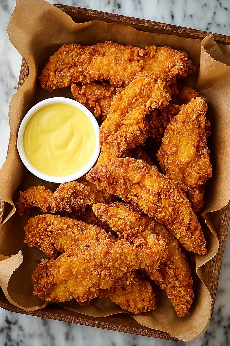 A white square tray lined with brown parchment paper holds about ten pieces of crispy golden brown breaded chicken strips, stacked unevenly to fill the tray. On the left side inside the tray is a small white bowl filled with smooth, light yellow dipping sauce. The chicken pieces have a crunchy texture with visible small crumbs, and the photo shows the dish on a wooden surface. photo taken with an iphone --ar 2:3 --v 7