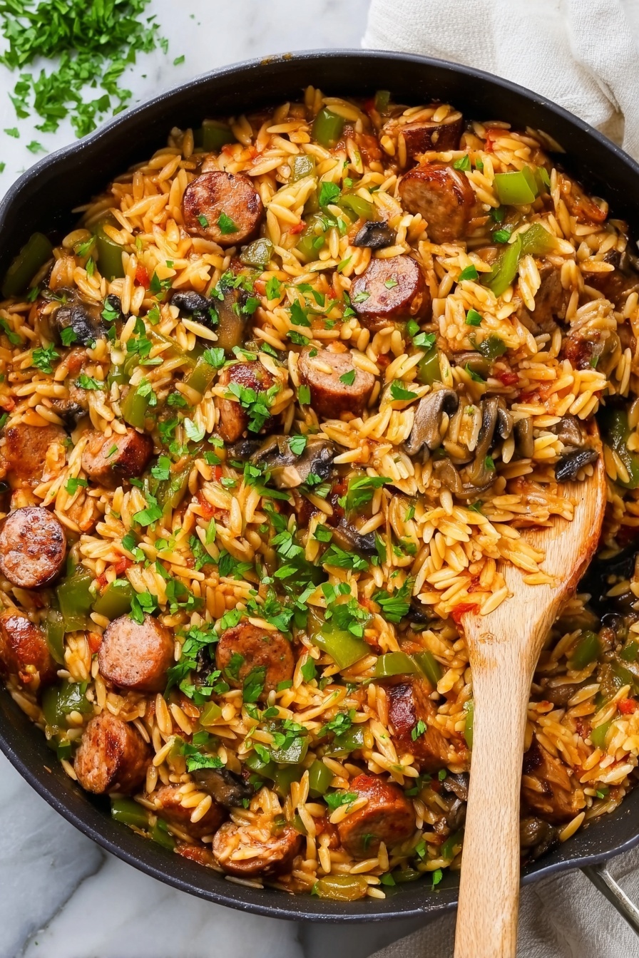 A white round plate holds a colorful dish of orzo pasta mixed with slices of browned sausage, green bell pepper pieces, small chunks of red tomato, and bits of mushroom. The orzo has a light orange sauce coating it, giving a glossy texture. The sausage pieces are round and slightly browned, scattered evenly on top and through the pasta. Bright green parsley leaves are chopped and sprinkled over the dish, with a small pile of parsley on one side of the plate. The plate is set on a white marbled surface with parts of green herbs visible around it. Photo taken with an iphone --ar 2:3 --v 7