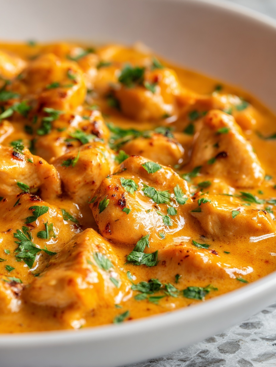 In a white bowl, there are two main layers: on the left side is a layer of plain white rice with some chopped green herbs sprinkled on top, and on the right side is a thick orange curry with chunks of chicken and slices of red bell pepper mixed in, also topped with green herbs. A woman's hand is holding a fork scooping a piece of chicken from the curry. In the top right corner, on a white marbled surface, there is a black plate holding folded pieces of light beige flatbread. A blue cloth napkin is partially visible under the bowl. Photo taken with an iphone --ar 2:3 --v 7