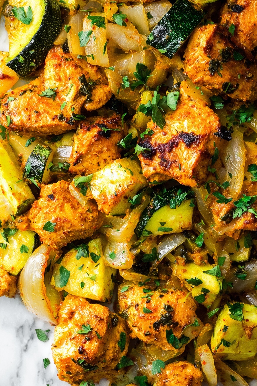 A white bowl filled with a base layer of light yellow cooked rice mixed with small green herb leaves scattered throughout. On top, there is a colorful mix of diced cooked chicken pieces, light golden brown, and sautéed vegetables including green zucchini slices and white onion chunks, all sprinkled with red seasoning powder. Bright green chopped herbs are spread on the top layer, adding fresh color. A silver fork with ornate handle rests inside the bowl on the left side. The bowl is placed on a white marbled surface. Photo taken with an iphone --ar 2:3 --v 7