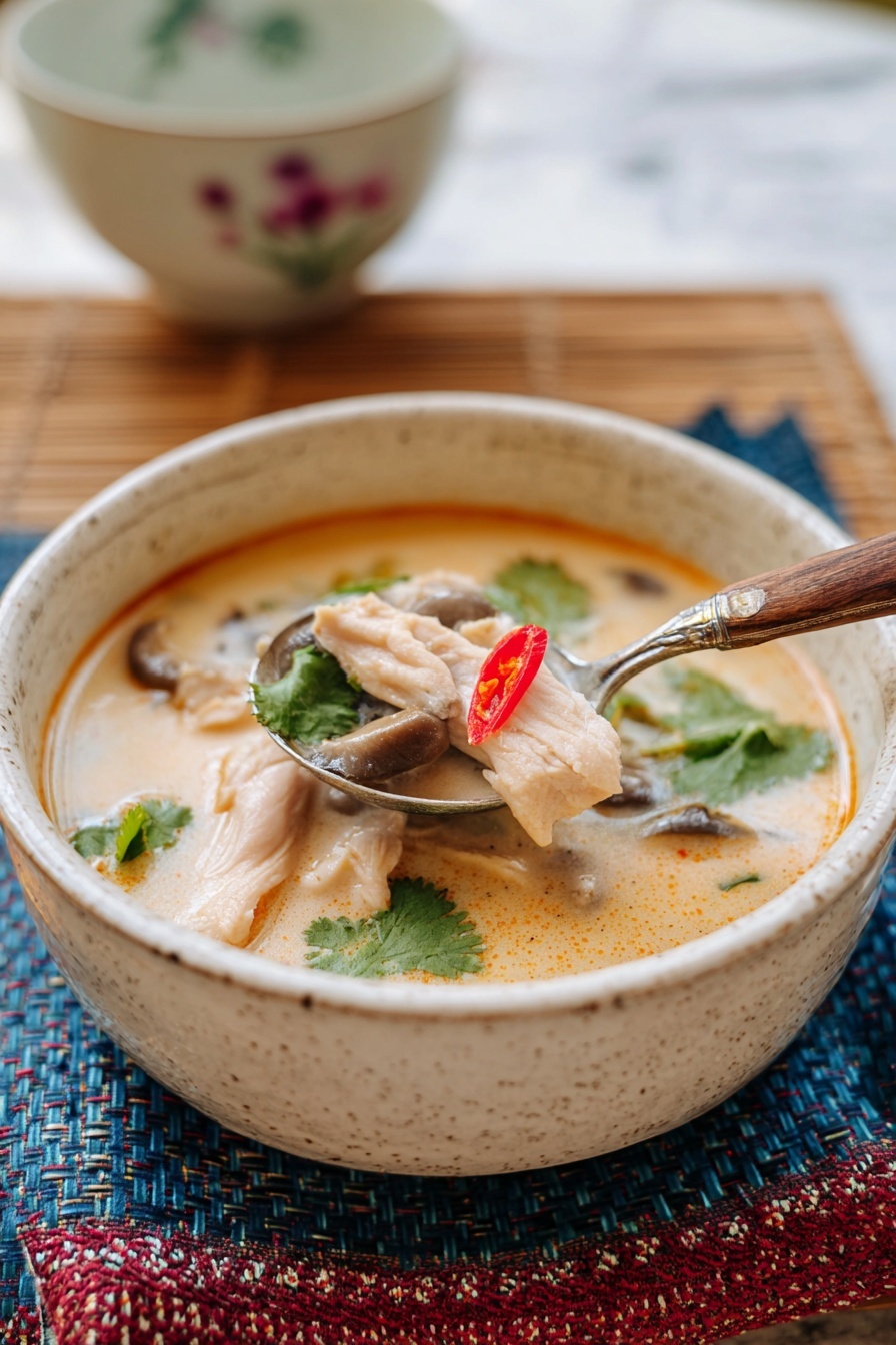 A white ceramic bowl filled with creamy light orange soup, containing visible slices of light pink chicken, thin white mushroom pieces, bright green cilantro leaves, and one small red chili pepper. A spoon with a wooden and silver handle holds a few pieces of chicken and mushrooms above the soup. The bowl rests on a red and turquoise woven cloth set on a white marbled surface. In the background, a white ceramic dish with faded floral designs is partially visible. Photo taken with an iphone --ar 2:3 --v 7